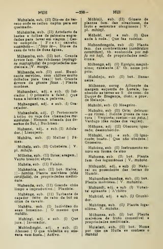 MUH -298- MUI
Muhalale. sub. (II) Diz-se do t«r-
r«no onde le ceifou capim para ser
queimado.
Muhémba, lub. (II) Artefacto de
haBtei e folhai de palmeira engra-
dadas para levar em viagem |
Ces-
to comprido I
Frett; carreto;
Kuambato^.Wlnzola—, Dii-«e da
casa de teto de duas águas.
Múhambu, sub. (II) bot. Grande
árvore iam. das rubiáceas {mytragi-
ne maerophylltt) de propriedades me-
di«inais.|V. mungu.
Múhanda. sub (II) zool. Rumi-
nante cervídeo, com chifres muito
deitados para traz|| bot. Grande
árvore do género ficus- .| Planta
morácea.
MuhandeKi, adj. e sub. (I) Ini-
ciador I
O primeiro a falar. |
Que
toma a iniciativa, a palavra.
Muhanflani, adj. e sub. d) Gra-
cejador.
Muhankala, adj. (I Pertencente
à tribu ou raça dos chamados mu-
Kankalas- 1
Homem nómada dos de-
sertos do Sul, I
Buihman.
Muhanzi, adj. e sub.(I) Adula-
dor. I
Lisonjeiro.
Muhâtu, sub. (I) Mulher |
Fê-
mea.
Múheju, sttb. (II) Cubebeira.| V.
pi. mihefu.
Múheha, sub. (II) Brisa; aragem. |
Vento brando; lôpro.
Muhéle, sub. (II) Faisão.
Muhèmbia. sub. (II) bot. Malva.
I
{-/temò/a. Planta malvácea {sida
cordifollá), de propriedades medici-
nais.
Muhenda, sub. (II) Grande chão
limpo e improdutivo.] Planície.
Muhénge. sub. (II) Turbante de
caçador feito de rabo de boi ou
crina de cavalo.
Mnhètu. sub (I) Indivídao do
sexo íemenino. |
O mesmo que
muhúíu .
Muhingi, adj. e sub. (I) Que
juia. I
Invocador.
Muhindingiri. adj. e sub. (I)
Afanoso I
O que trabalha ou exe-
•ata eom&nsia.l Activo.
Múhinji. sub. (II) Género de
plantas fam. das oleacíneas, de
fruto e semsntes oleaginosos |
V,
pi. mlhlnji.
Múhoki, acj e sub- (I) Que
anda à roda. |
Que faz rodeios.
Muhondongolo, sub dl) Planta
fam. das combretáceas (combreíum
eonstrltum), tb. conhecida por má'
fu ma hoji, de propriedades medi-
cinais.
Múhongo, adj (II) Egrégio; magnâ-
nimo; excelente, j
£' tb. nome pró-
prio.
Mubónjo, sub (II) bot. Bana-
neira.
Múhonzo, corog Afluente da
margem esquerda do Lucala. ba-
nhando as terras ao S do cone do
Duque de Bragança, distr. e prov.
de Malanje.
Muhúhi, sub (I) Moageiro.
Muhuhu. sub (II) Orla; debrum:
— ua rixità. |
Bainha grossa da cos-
tura I
Vergueta; costas: — ua poko. I
Verdugo (das rodas dos vagões).
MáhuKC, adj (II) Obscuro; igno-
rado; desconhecido.
Múhuhi, adj- e sub. (I) Igno-
rante; buato.| Que não obedece. |
Grosseiro.
MuhúKu, sub (II) Instrumento so-
noro em foima de sino
Muhuma, sub. (II) bot. Planta
fam das loganiáceas |
V. mubolte.
Máhumbi. adj. e sub (I) Natu-
ral ou prooedente das terras do
Humbi.
Muhundua-hundua. sub. (II) bot.
Planta malvácea. |
V. muhunza.
Muhundi, adj. e sub (I) Votan-
tel opinante j
A'rbitro
Muhúnl, adj e sub. {l) Grunhi-
dor.
Muhúngu. sub. (II) Planta Ioga-
niâcea. V. muboke.
Múhunia, sub. (IIj bot. Planta
malvácea de fruto comestível e
propriedades medicinais.
Muialari, sub. (II) bot. Nome
por que na Huíla se conhece o
mundai
 