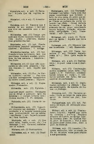 MUH ~50í- um
MUKalukc, ftdj. e sub. (I) Barra-
dor.| Aquele que dá rugidoí, ra-
lhos .
Mukaluri. -«ub. e »dj. (I) Arranha-
dor.
Mukáma. tub. (I) Eierava que é
amátift de eeu senhor. |
Serviçal
que Tive em mancebia com o teu
arao.
Múk«mb«, •b. (II) Tempo qae
eatá aem chorer (quando tenha cho-
vido muito). I
intervalo, espaço
(nai grandes chuvaa)
Mukâmba, sub. (II) bot. Planta
euforbiácca (manihot utilíssima), co-
mestírel.l Mandioca. 1
V. kiringu-
Mukámba-kamba, sub. (II) bot.
Grande arvora lactiscente, iam. dus
moreáceaa. {machura excelsa), produ-
tora da boa madeira. {
Amoreira. |
Seu fruto.
Múkambe. adj. (I) Que nio com-
parece ou nio eitá presente. I
Tar-
dio; remisso. |
|
sub. Aquela qae
ialta.
Múkambu, sub. (II) Pau de filei-
ra; cumicirii: ua'nxo  j
Pau com
que dois carregadores transportam
ao ombro coisas pesadas. I
Suporte.
Múkame, aub. e adj. (I) Expre-
medor. jPrensador.
Múkanda, sub. (II) Epístola.]
Qualquer papel escrito. 1
Mensagem
que se dirige a qualquer: ng'a mu
tumiKisa— . Jornal; bilhete; vale.j
Ordem escrita. |
V. Pi. miKanda.
Mukânda, sub. (II) Ilhota de ca-
pim.
Múkandanda, sub. (II) Superfí-
cie; planura: ua—Ka/ur/g^a- | O cum-
primento e a largara considerados
sem profundidade: ku—ua mênha;
—ua rivumu j i
adv. Superficialmen-
te. I
Sem fondurà.
Mukánde; adj. e sub. (I) Que
abre valas, fossos, cova», etc: —a
makungu. |
{
sub. Cavador; trabalha-
dor da enxada.
Mukane, sub. (1) Destinatário.
Mukanese, adj. e sab. (!) Desti'
nador.
Mukana«lu, lub. (II) Travessão'
traresaa:—«a hdma. 
Cada uma das
peças transversais que formam o
ítito de uma cama, ou sobre que as-
sentam ostrails» do a&minho de fer-
re. {Verga ou psdieira da porta ou
janela: — ua //i/fu. |
Cousa deitada
de través: Kuaeka— 1 I
Di«-se da
extensão de um corpo ceusiderado
na sua largura j
Situaçio atraves-
sada; obliquidade. ||adj. Traoi-
versal. |
{
adv. De través.
MúkanoP, «dj- «tub. (I) Torra-
dor:—a nguba. Aquele que torra
poi ofício.
Mukanoc lub. (II) Máscara; pei-
soa mascatada. 
|
adj. Mascarado.
Múkanau. "ub. (III Tost»; tor-
radura. |t adj. Torrado; tostado:
imita ia — . Seco (pela acçio do
fogo)
Múkane, adj. e sub. (I) Destina-
tário. {
A quem uma couta 4 desti-
aada.
Múkanu, sub. (II) Condenação;
jadícto acusador; culpa; falta. 
iKu-
kuafa—,v. tr. Delictuar; condenar:
tornar culpas a|{ Ku(a—, v. intr.
Ser en ootrado em falta.) Ser sus-
ceptível de condeoaçlo.
Múkanze, sub. e adj. (l) Deafo-
Ihador; colhedor:—a fimbutu 
Pes-
sea encarregada da apanha de fru-
tos:— a jindungu.
MúKanzu, sub. (II) Carreiro; pi-
cada. [
Corte ao longo da mata para
servir de limite:— ua jtxl. Ata-
lhada.
Mukapakapa. sub. (II) bot. Pal-
meira de leque, de utílisação orna-
mental.
Múkari. adj. e sub (x) Dissimu-
lador; fiogidor.{ Aquele que imita
ou disfarça. | c o r o g. Pequeno
afluente do Luc^tU, no antigo cone.
de Ambaca, distr. do Quaoza Nor-
te, proT. de Luanda. |
|
Pov. e sede
do posto deste nome, conc, distr. •
prov. de Mílanje.
Múkaaa, sub. (II) Amostra. |
Pe-
queno embrulho, rolo ou atado da
fls. ou de outra coisa para araliar
a suaqualidadt.
 