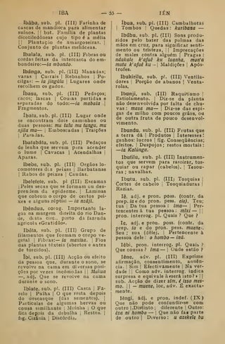 IBA — 55 — lÊN
Ibâba, sub. pi. (III) Farinha de
cascas de mandioca para alimentar
suínos. I
]
bot. Família de plantas
dicotiledóneas cujo tipo é a mélia
I I
Plantação de amargoseiras. |
Conjunto de plantas meliáceas.
Ibalala, sub. pi. (III) Fibras ou
cordas feitas da intercasca do em-
bondeiro: ia mbondo.
Ibánga, sub. pi. flll) Manadas;
varas |
Currais |
Rebanhos 1
Po-
cilgas: — ia jingúlu 1
Lugares onde
recolhem os gados.
íbasu, sub. pi. (III) Pedaços;
cacos; lascas |
Cousas partidas e
separadas do todo: ia mabaia 
Fragmentos.
íbaíu, sub. pi. (III) Lugar onde
se encontram dois caminhos ou
duas pessoas: /72U talu mu tungu. mu
njíla mu— 
Emboscadas |
Traições
I
ParaJas.
Ibafubáfu, sub, pi. (III) Pedaços
de lenha que servem para acender
lume 1 Cavacas | Acendalhas |
Aparas.
Ibebe, sub. pi. (III) Órgãos lo-
comotores dcs peixes |
Barbatanas
1
Rabos ds peixes |
Caudas.
Ibelefeíe, sub. pi (III) Escamas
I
Peles secas que se formam cu des-
prendem da epiderme. |
Laminas
que cobrem o corpo de certos pei-
xes e alguns reptis: — ia nzâji.
Ibêndua, corog. Importante la-
goa na margem direita do rio Dan-
de, dtsta circ. perto da fazsnda
agrícola «Gratidão».
Ibéfa, sub. pi. (III) Grupo de
filamentos que formam o corpo ve-
getal I
Fibras:— ia maxisa. |
Fios
das plantas têxteis (abertos e antes
de torcidos).
íbi, sub. pi. (III) Acção ou efeito
da pessoa que, durante o sono, se
revolve na cama em diversas posi-
ções por vezes incómodas |
j
Mukua
—, adj. Que se revolve na cama
durante o sono.
Ibiaíe, sub, pi. (III) Casca j
Fa-
relo I
Palha I
O que resta depois
do descasque (das sementes), j
Pdrticulas de algumas hervas ou
cousa simiihante |
Moinha j
O que
fica depois da debulha j
Restos, j
fig. Cizânia i
Discórdia,
íbua, sub. pi. (III) Cambalhotas
I Tombos !
Quedas : katibana —
Ibúbu, sub. pi. (III) Sons produ-
zidos pelo bater das palmas das
mãos em cruz, para significar senti-
mento ou tristeza, [
Imprecações
de males contra alguém [
Pragas :
ndakale k'afuê ku luanha, moría
mutu k'afuê ku- Maldições |
Após-
trofes.
Ibukirilu, sub. pi. (III) Ventila-
dores I
Porção de abanos ] Venta-
rolas.
Ibunji, sub. (III) Raquitismo '
Estiolamento. |
Dizse da planta
não desenvolvida por falta de chu-
vas : masa ma— |
Diz-se das espi-
gas de milho com poucos grãos, ou
de outra fruta de pouco desenvol-
vimento.
Ibundu, sub. pi. (III) Frutas que
a terra dá |
Produtos |
Interesses!
ganhos: lucros |
fig. Consequências;
efeitos, i
Despojos; restos mortais :
—ia Kalúnga.
Ibufilu, sub. pi. (III) Instrumen-
tos que servem para ra?oirar, tos-
quiar ou rapar (cabelos). ] Tesou-
ras ; navalhas.
Ibutu, sub. pi. (IIIj Tosquias i
Cortes de cabelo i
Tosquiaduras |
Razias.
lê, adj. e pron. poss. (contr. da
prep. /aedo pron. pesa. eie), Teu;
tua 1
Da tua pessoa : ima— j
Per-
tencentes á tua pessoa: mixi — ||
pron. interrog. pi. Quais ? Que ?
le, adj. e pron. poss. (contr. da
prep. ia e do pron. pess. muenc.
Seu ; sua (dele;. |
Pertencente à
pessoa dele : o hombo — iná.
lêbi, pron. interrog. pi. Quaib ?
Que cousas ? ima — i
Onde estão ?
Iene, adv. pi. (III) Exprime
afirmação, consentimento, anuên-
cia, i
Sim I
Efectivamente |
Na ver-
dade i
j
Como adv. interrog. indica
surpresa e equivale àcserá isto? »  
sub. Acção de dizer sim, é isso mes-
mo. I I
— muenc, loc, adv. É exacta-
mente.
lêngi, adj. e pron. indef. (IX)
Que não pode confundir-se com
outro |, Distinto; diferente ;
Outro:
êza ni hombo — |
Que não fa« parte
de outro [
Diverso: u azekele bu
 