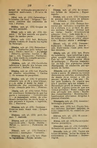 JIP - 67 - JtH
iorius) de utilização ornamental e
sementes medicinai?. I
Fruta de
conta.
Jifíxi, sub. pi. (IX) Cabeceiras !
Nascentes (de rios). Origens. | Ter-
renos visinhos das nascentes de
rios. I
Fontes.
Jitúhu, sub. pi. (IX) Grupos de
dez mil unidades.
Jifuxi, adj. e sub. pi. (IX) Gé-
meos I
Os que nascem em quarto
lugar do mesmo parto.
J.híia, sub. (IX) bot. Robusta
planta rosácea de Angola (na região
de Malange).
3ihaba. sub. pi. (IX) Patranhas i
Petas I
Embustes para induzir em
erro |
Ilusão; ment ra : - jefatange
I
Fábulas; novelas; contos. || Mu-
kua — , adj. Trapaceiro í
Embustei-
ro I
Que conta ou compõe novelas
Fabulista 
Mentiroso.
Jihãbia, sub. pi. (IX) Cavidades
inferiores á junção dcs braços com
os ombros |
Axilas |
Sovacos.
Sihaha, sub. pi. (IX) bot. Família
de plantas sinantéreas. { |
Cardos
I
As escamas do pangolino.
«Jihaku. sub. pi (IX) O primeiro
alimento que se dá a uma criança
O —ja mona ji tunda ku muiji. 
Inflamação das extremidades do
ccrpo causada pelo frio. j
Frieiras.
Jihala, sub. pi. (IX) íctiol. Tribu
de crustáceos decápcdos de que faz
parte o caranguejo, i Ciclométopes
I!
— ja munongono, ordem de crus-
táceos decápodos, de cauda longa, a
que pertence a lagosta, o lagostim,
etc. I
Macruros.
Oihama, sub. pi. (IX) Centenas
'
Duas ou mais vezes cem. |
Grupos
de cem.
3iháma. sub. pi. (IX) port. Ca-
mas. V. malónde.
Oíhana, sub. pi. (IX) Doença con-
tagiosa da pele. Sarna. |
Ronha i
Mukua —, sarncs3 |
Padecente de
sarna.
3ihanji, sub pi. (IX) Desejos |
Apetites 1
Ambições Vontades.
3ihanza, sub. pi. (iX) bot. Plan-
ta leguminosa |
Feijão miúdo.
3ihasa, sub. pi. (IX) As primei-
ras folhas do feijoeiro. )
Espar-
regado.
3ihása, adj. e sub. (IX) Conjunto
de pessoas padecentes de âlbinis-
mo. I
Albinos. Esconjuros.
Qihafa, sub. pi. (IX) Dobras for-
madas por vestuário comprido en-
tre a cintura e os joelhos da pes-
soa sentada 
Regaço Dobras que
as vestes fazem levantando-se
adeante j
Colo : kuta mona bu — I !
Rodilhas; molhelhas; chinguiços j
As voltas da corda ou cobra enros-
cada 
Roscas: nhoka i arinhingi-.
aihaxi, adj. pi. CíX) Doentes ]
Enfermos. ^
Maníacos. |
Inzo ia —
sub. Enfermaria '
Casa para reco-
lher doentes.
aihe(u, sub. pi. (IX) bot. Fruto
da cubebeira, (que substituo o gen-
gibre quando comido com cola). |
Cub ba. (E' remédio contra dores
de estômago). | i
Plantas trepadei-
ras da fam. das piperáceas (urera
Henriquesít). tb. conhecida por «pi-
menta da índia».
Jihenda, sub. pi. (IX) Lembrança
triste e suave de pessoas ou cousas
distantes ou extintas, acompanhada
do desejo de as tornar a vêr ou
possuir: ng' ala ni — )' atu aitU. Pe-
sar pela ausência de alguém que
nos é querido: ng'a ma kuatela — 1
Recordação grata de pessoa ausen-
te ou de alguma cousa de que nos
vemos privados Pesar; mágoa que
essa privação nos causa |
Sauda-
des; cumprimentos Recordações |
Lembranças afectuosas dirigidas à
pessoas ausentes.
Qihengele, sub. pi. (IX) Aaexins |
Sentenças populares.
aihia, sub. (IX) bot. Planta fam.
das rosáceas [parinarl latifolia), de
fruto comestível, tb, conhecida por
kalàbia.
Jihima, sub. pi. (IX) M ícacos |
Siraios Macacada.
3ihisu, sub. pi. (IX) Peícevejadaj
Muitos percevejos.
3ihombo. sub. pi <IX) Cabrada |
Rebanho ou quantidade de cabras.
3ihondo. sub. pi. (IX) Vestes em
forma de saiote, feitas de fibras do
embondeiro 1
1 Rodeios i
Subter-
fúgios.
 
