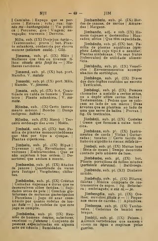 Mji - 69 - JIM
I
Caminho. |
Espaço que se per-
corre I
Estraaa ; rota ; rua: Aue»
nda mu-kunhongojoka !
! Via públi-
ca I
Percurso; giro '
Viagem; na-
vegação; travessia 
Derrota.
Njilu, sub. (IX) Desjejua: kuria—,
[Testemunho; prova |I bot. Plan-
ta solanáceâ. conhecida por íherva
moura» {solanum caule). 
Giló.
Jimama, sub. pi. (IX) Mais |
Mulheres que têm ou tiveram fi-
lhes: akuetu ária fiinji ku — j
Mu-
lheres caridosas.
Jimamá, sub. pi. (IX) bot. port.
Mamõis. V. malolo
Jimanhi, sub. pi. (IXi port. Mais.
I
Mamãs. V. jimama.
Jimafa, sub, pi. (IXj bjt. Quan-
tidade ou calda de tomate 
Toma-
teiro 1 Planta solanáceâ. j
V. ma-
mata.
Njímba, sub. iIX) Certo instru-
mento músico. I
Bombo |
j
Dança
indígena: kukirM-.
Njimba. sub. flX) Morsó Ter*
ceiro estômago das aves |
Moela.
Jimbalá, sub. pi. (IX) bot. Fa-
mília de plantas monocotiledóneas
que têm por tipo a ijunça». j
Plantas ciperáceas.
Jimbalu, sub. pi. (IX) Ripas |
Travessas !
|
adj. Revoltados; re-
voltosos I
Embravecidos. ;
Que se
não sujeitam à boa ordem, j
|
De-
sertores; que andam a monte.
Jimbamba, sub. pi. (IX) Atados
de juncos 
Quantidade de varas
para fustigar ,
Vergónteas; chiba-
tas.
Jimbamba, sub. pi. (IX) Crostas
I
Camadas expessas e duras que se
desenvolvem sobre feridas. |
1
Suji-
dades secas da pele |
|
Conchas glo-
biformes de moluscos gasterópodos
I
Porcelana |
'
Jogo de azar cons-
tituído por quatro rodelas de lou-
ça: kuta — I
As rodelas de que este
jogo se compõe.
Jimbamba, sub. pi. (IX) Reu-
nião de homens doutos, sabedores,
excelsos: — fatenena .
Conjunto de
pessoas especializadas em alguma
arte ou ciência i
Sumidades.
Jimbambelu, sub. pi. (IX) Bor-
das de canoas, de navios |
Amura-
das I
Margens.
Jimbande, adj. e sub. (IX) Ho-
mens capazes e destemidos Hon-
rados; sérios I
Que têm capacidade.
Jimbándu, sub. pi. (IX) bot. Fa-
mília de plantas aquáticas {nym-
phoea Lotus) cujo tipoé o nenúfar-
Plantas ninfeáceas. Os seus frutos
(tubérculos) de utilidade alimen-
tícia.
Jimbándu, sub. pi. (IX) Venefi-
cios í
Envenenamentos acompa-
nhados de sortilégios.
Jimbânga, sub. pi. (IX) Diz-se
dos dois órgãos contidos no escroto
;
Testículos.
Jimbángi, sub. pi. (IX) Pessoas
chamadas a assistir a certos actos,
ou a depor sobre certos factos |
Testemunhas. |
Pedras que se colo-
cam ao lado de um marco |
Duas
árvores que se plantam ao lado de
uma que serve de balisa 1 Provas. |
fig. Os testículos.
Jimbánji, sub. pi. (IX) Costelas
'
Ussos que formam a caixa torá-
cica.
Jimbánza, sub. pi. (IX) Instru-
mentos de corda |
Violas |
Guitar-
radas; tocatas M Certo tecido de
linho ou algodão às riscas: milele ia—
Jimbeji, sub. pi. (IX) Muitas luas
[
Série de mezes |
Tempo decorrido
contado pelo número de luas.
Jimbêmbe, sub. pi. (IX) bot.
Planta portulácea de folhas miúdas
[portulaca oleracta).  Baldroega.
Jimbende, sub. pi. (XI) Dinheiro
miúdo.
Jimbéndu, sub. pi. (IX) Pífaros;
flautas 
Música composta de ins-
trumentos de sopro. 1
fig. Bebedei-
ra ; embriaguês; u eza nl — jc.
Jimbengéla, sub. pi. (IX) Ore-
lhas; ouvidos: y/Aru/a o — || Peque-
nos sacos de carvão. |
'
Apêndices.
Jimbenza, sub. pi, (IX) Tambo-
retes. I
Cadeiras de bambu sem
braços.
Jimbiji, sub. pi. (IX) Peixes. |
Animais vertebrados que nascem e
vivem na água e respiram pelas
guerlas.
 