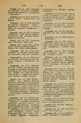 JÍM -?5- mJingêla, sub. pi. (IX) Arumação
dos animais corniferos |
Chifres:
hombo a mu muena ku -.ICornadura
I
Chavelhos.
Jíngéma, sub. pi. (IX) Fabrican-
tes de vinhos |
Vinhateiros: ja
maluvu.
Jingenhe, sub. pi. (IX) Família
de plantas ramnáceas. |
Sarça j
Espinheiro |
Pequeno arbusto
cheio de espinhos: muxitu ua—.
|
Silvedo.
Jingenji, sub. pi. (IX) Viajantes
I
Romeiros. í
Que vão de viagem |
Forasteiros. íig. Conjunto de for-
migõis em marcha.
Jingiji, sub. pi. (IX) Cursos de
agua I
Ribairos; lagos; rios.
Jingiji, sub. e adj. (IX) Conhe-
cidos i
Que se conhecem: ata a — |
Pessoas do nosso conhecimento.
Jinginga, sub. pi. (IX) zool.
Conjunto de lacraus |
Quantidade
de escorpiões. |
fig. Má catadura.
Jingiongiolo, sub. pi. (IX) Súcia
de velhacos ]
Pessoas que não me-
recem crédito, I
Hipócritas, fal-
sa rios.
Jingirínhá, sub. (IX) Aparelho
feito de cordas entrelaçadas que,
lançado a qualquer indivíduo, im-
possibilta-o de todos os movimen-
tos 1
Espécie de colete de forças:
a mu ie mu —. |
Rede para envol-
ver e prender animais ferozes.
Jingoji, sub. pi. (IXJ Fibras j
Cordéis; fios ; atilhos |
Reunião
de fios de cânhamo ou de qualquer
matéria filamentosa ou flexivel tor-
cidos juntos I I
anat. O que fica na
madre depois do parto: kíbu ni — |
Páreas |
Secundinas j
|
Genealogia:
— ia rivumu  Sucessão |
Sequência
I
Continuação; ordem; série (numa
família).
Jingoléla, sub. pi. (IX) Os pri-
meiros produtos ou frutos da terra
I
Primícias: — ja irima 
Primeiras
produções; primeiros lucros. ;
Os
primeiros sentimentos; primeiros
gozos: kuvuala ni u aiba — ji ku Jila
ku muxima 

Proveito |
Utilidade
I
Conveniências ]
Interesses: — ja
uênji 1
Vantagens |
Lucros, i
Parte
de ganhos que cabe a cada sócio.
)
j
Risos I
Alegrias |
Regozijes
gargalhadas, fig. Brindes; ofertas;
presentes.
Jingolôlo, sub. (IX) Gritos tumul-
tuosos I
Clamores |
Vozes que se
ouvem ao mesmo tempo |
Alarido;
berraria j
Choros : - Ja kurila |
Choradeira.
Jingoma, sub. pi. (IX) Conjunto
de bombos, de tambores ! por ext.
Danças; bailados; folguedos: —
j'akuata.
J ngómbe, sub. pi. (IX) Boiada |
Conjunto de bois. vacas, bezerros,
etc.
Jingombo, sub, pi. (IX) Fug.tivos
i
Desertores.
Jingôndo, sub. pi. (IX) Ouros 
Contas (em ouro) que as mulheres
usam como adorno nos pulsos e pes-
coço : nzenzela ia — |
Colares ; rosá-
rios.
Jingônge, sub. pi. (IX) Arfcula-
ções I
Falanges |
Juntas: ja inu-
ma. [ I
Pregões; avisos.
Jingóngo. sub. pi. (IX) Padeci-
mentos I
Sofrimentos ( Martírios !
P e z a r e s |
Desgostos Desgraças ;
aflições; trabalhos penosos : ng'amo-
no — I
Endoenças i
Privações; ne-
cessidades.
Jingóngo. adj. e sub.pl. (IX) Gé-
meos (
Diz se dos frutos irmmados:
rihonjo ria — 
Diz-se do parto de
dois filhos : u avuala — 1
Diz se dos
dois músculos que formam a barriga
da perna, e da constelação do zod aco
«Castor e Polux». '
Parelha. Os da
mesma origem.
Jinguba, sub. pi. (IX) bot. Planta
leguminosa produtora do amendoim
{arachis hypogadea)  O próprio amen-
doim. Sua porção ou quantidade
I
1
Amendoal |
j
— ja kambambi. plan-
ta alimentícia iam. das leguminosas
{voandzeia subterrânea), tb. conhecida
por vielu. V. kaiala.
Jingúhi, sub. pi. (IX) zool. Famí-
lia de sáurius que tem por tipo o ali-
gátor I
Jacarés marinhos.
Jingulá, adj. pi. (IX) Ingratos |
Dosagradecidos.
Jingúlu, sub. pi. (IX) zool. For-
cada !
Vara de porcos.
Jinguma, adj. e sub. pi. (IX; Ini
migos 1
Tra- dores, |
Adversários.
 