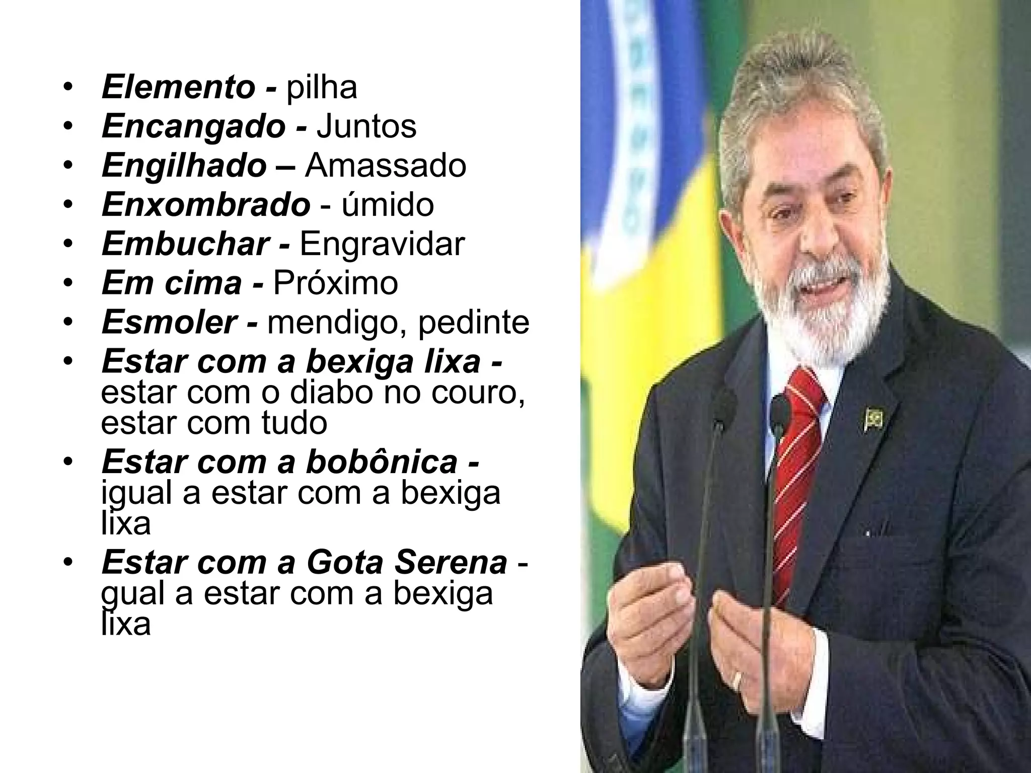 Elemento -  pilha Encangado -  Juntos Engilhado –  Amassado Enxombrado  - úmido Embuchar -  Engravidar Em cima -  Próximo  Esmoler -  mendigo, pedinte Estar com a bexiga lixa -  estar com o diabo no couro, estar com tudo Estar com a bobônica -  igual a estar com a bexiga lixa Estar com a Gota Serena  - gual a estar com a bexiga lixa 