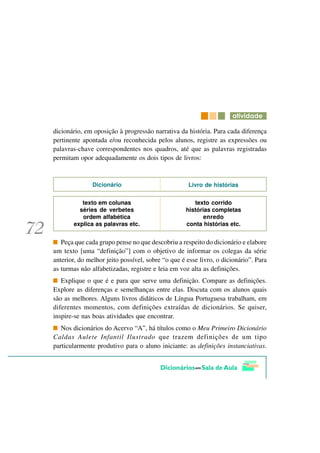 DWLYLGDGH

dicionário, em oposição à progressão narrativa da história. Para cada diferença
pertinente apontada e/ou reconhecida pelos alunos, registre as expressões ou
palavras-chave correspondentes nos quadros, até que as palavras registradas
permitam opor adequadamente os dois tipos de livros:


               Dicionário                          Livro de histórias


          texto em colunas                           texto corrido
         séries de verbetes                       histórias completas
          ordem alfabética                               enredo
       explica as palavras etc.                   conta histórias etc.


   Peça que cada grupo pense no que descobriu a respeito do dicionário e elabore
um texto [uma “definição”] com o objetivo de informar os colegas da série
anterior, do melhor jeito possível, sobre “o que é esse livro, o dicionário”. Para
as turmas não alfabetizadas, registre e leia em voz alta as definições.
   Explique o que é e para que serve uma definição. Compare as definições.
Explore as diferenças e semelhanças entre elas. Discuta com os alunos quais
são as melhores. Alguns livros didáticos de Língua Portuguesa trabalham, em
diferentes momentos, com definições extraídas de dicionários. Se quiser,
inspire-se nas boas atividades que encontrar.
   Nos dicionários do Acervo “A”, há títulos como o Meu Primeiro Dicionário
Caldas Aulete Infantil Ilustrado que trazem definições de um tipo
particularmente produtivo para o aluno iniciante: as definições instanciativas.
 