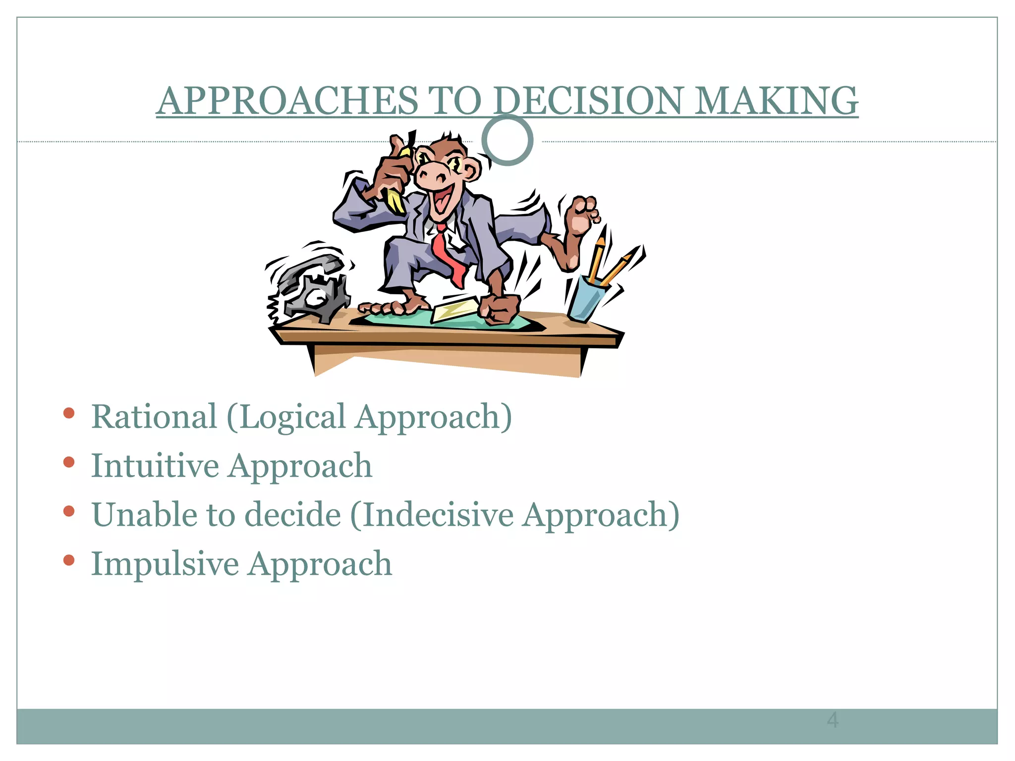 APPROACHES TO DECISION MAKING Rational (Logical Approach) Intuitive Approach Unable to decide (Indecisive Approach) Impulsive Approach 