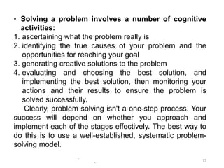 -
-
15
• Solving a problem involves a number of cognitive
activities:
1. ascertaining what the problem really is
2. identifying the true causes of your problem and the
opportunities for reaching your goal
3. generating creative solutions to the problem
4. evaluating and choosing the best solution, and
implementing the best solution, then monitoring your
actions and their results to ensure the problem is
solved successfully.
Clearly, problem solving isn't a one-step process. Your
success will depend on whether you approach and
implement each of the stages effectively. The best way to
do this is to use a well-established, systematic problem-
solving model.
 