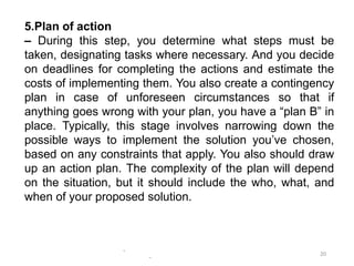 -
-
20
5.Plan of action
– During this step, you determine what steps must be
taken, designating tasks where necessary. And you decide
on deadlines for completing the actions and estimate the
costs of implementing them. You also create a contingency
plan in case of unforeseen circumstances so that if
anything goes wrong with your plan, you have a “plan B” in
place. Typically, this stage involves narrowing down the
possible ways to implement the solution you’ve chosen,
based on any constraints that apply. You also should draw
up an action plan. The complexity of the plan will depend
on the situation, but it should include the who, what, and
when of your proposed solution.
 