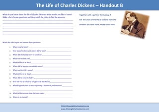 The Life of Charles Dickens – Handout B
What do you know about the life of Charles Dickens? What would you like to know?        Together with a partner from group A
Make a list of some questions and then watch the video to find the answers:
__________________________________________________________                              tell the story of the life of Dickens from the
__________________________________________________________
__________________________________________________________                              answers you both have. Make notes here:
__________________________________________________________
__________________________________________________________
__________________________________________________________



Watch the video again and answer these questions:

        1.   Where was he born? _______________________________________

        2.   How many brothers and sisters did he have?_______________________

        3.   When did the family move to London?___________________________

        4.   What was his first job?______________________________________

        5.   What did he do in 1827?_____________________________________

        6.   When did he begin a journalistic career?__________________________

        7.   What was his wife's name?___________________________________

        8.   What did he do in 1842?_____________________________________

        9.   When did he come to Italy?___________________________________

        10. How old was he when he bought Gads Hill Place?____________________

        11. What happend when he was organising a theatrical performance?__________

             _______________________________________________________

        12. What did he retrieve from the train crash?__________________________

        13. Where is he buried? ________________________________________




                                                                     http://theenglishschoolcomo.me
                                                                     www.theenglishschoolcomo.com
 