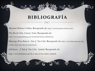 BIBLIOGRAFÍA
Merriam Webster Online. Recuperado de: http://www.merriam-webster.com/
The Book Club. Literary Terms. Recuperado de:
http://www.pfspublishing.com/bookclub/literary-definitions/
Shmoop. Wine Blood in Tale of Two Cities. Recuperado de: http://www.shmoop.com/tale-
of-two-cities/wine-blood-symbol.html
LitCharts . A Tale of Two Cities Symbols. Recuperado de:
http://www.litcharts.com/lit/a-tale-of-two-cities/symbols
 