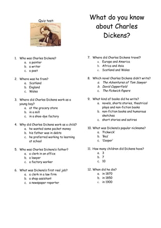 Quiz test:
1. Who was Charles Dickens?
a. a painter
b. a writer
c. a poet
2. Where was he from?
a. Scotland
b. England
c. Wales
3. Where did Charles Dickens work as a
young boy?
a. at the grocery store
b. in a mill
c. in a shoe-dye factory
clerk in the navy pay offi
4. Why did Charles Dickens work as a child?
a. he wanted some pocket money
b. his father was in debts
c. he preferred working to learning
at school
5. Who was Charles Dickens’s father?
a. a clerk in an office
b. a lawyer
c. a factory worker
6. What was Dickens’s first real job?
a. a clerk in a law firm
b. a shop assistant
c. a newspaper reporter
What do you know
about Charles
Dickens?
7. Where did Charles Dickens travel?
a. Europe and America
b. Africa and Asia
c. Scotland and Wales
8. Which novel Charles Dickens didn’t write?
a. The Adventures of Tom Sawyer
b. David Copperfield
c. The Pickwick Papers
9. What kind of books did he write?
a. novels, shorts stories, theatrical
plays and non-fiction books
b. non-fiction books and humorous
sketches
c. short stories and satires
10. What was Dickens’s popular nickname?
a. ‘Pickwick’
b. ‘Boz’
c. ‘Cooper’
11. How many children did Dickens have?
a. 3
b. 7
c. 10
12. When did he die?
a. in 1870
b. in 1850
c. in 1900
 