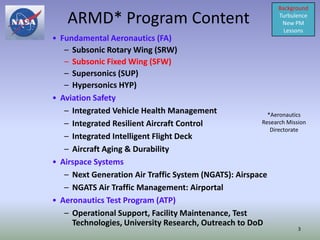 Background

    ARMD* Program Content                                       Turbulence
                                                                 New PM
                                                                  Lessons
• Fundamental Aeronautics (FA)
   – Subsonic Rotary Wing (SRW)
   – Subsonic Fixed Wing (SFW)
   – Supersonics (SUP)
   – Hypersonics HYP)
• Aviation Safety
   – Integrated Vehicle Health Management                 *Aeronautics
   – Integrated Resilient Aircraft Control              Research Mission
                                                           Directorate
   – Integrated Intelligent Flight Deck
   – Aircraft Aging & Durability
• Airspace Systems
   – Next Generation Air Traffic System (NGATS): Airspace
   – NGATS Air Traffic Management: Airportal
• Aeronautics Test Program (ATP)
   – Operational Support, Facility Maintenance, Test
     Technologies, University Research, Outreach to DoD
                                                                      3
 