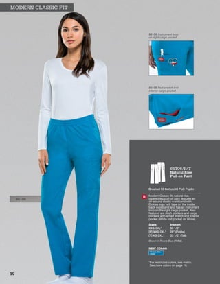 86106
86106 Instrument loop
on right cargo pocket
86106 Red stretch knit
interior cargo pocket
MODERN CLASSIC FIT
NEW COLOR
Riviera Blue
RVBZ
86106/P/T
Natural Rise
Pull-on Pant
Brushed 55 Cotton/45 Poly Poplin
Modern Classic fit, natural rise,
tapered leg pull-on pant features an
all-around elastic waistband with
Dickies logo twill tape on the inside
back waistband and has an instrument
loop on the right cargo pocket. Also
featured are slash pockets and cargo
pockets with a Red stretch knit interior
pocket (White knit pocket on White).
Sizes
XXS-5XL*
[P] XXS-2XL*
[T] XS-2XL
Inseam
30 1/2”
28” (Petite)
33 1/2” (Tall)
Shown in Riviera Blue (RVBZ).
R
*For restricted colors, see matrix.
See more colors on page 16.
10
 