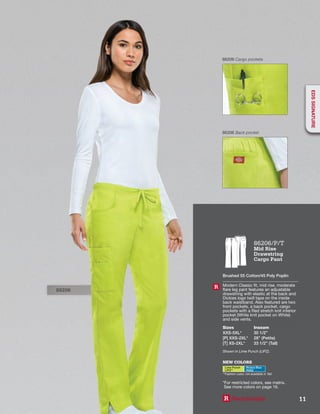 86206
86206 Cargo pockets
86206 Back pocket
86206/P/T
Mid Rise
Drawstring
Cargo Pant
Brushed 55 Cotton/45 Poly Poplin
Modern Classic fit, mid rise, moderate
flare leg pant features an adjustable
drawstring with elastic at the back and
Dickies logo twill tape on the inside
back waistband. Also featured are two
front pockets, a back pocket, cargo
pockets with a Red stretch knit interior
pocket (White knit pocket on White)
and side vents.
Sizes
XXS-5XL*
[P] XXS-2XL*
[T] XS-2XL*
Inseam
30 1/2”
28” (Petite)
33 1/2” (Tall)
Shown in Lime Punch (LIPZ).
R
NEW COLORS
Lime Punch
LIPZ**
Riviera Blue
RVBZ
**Fashion color, not available in Tall.
*For restricted colors, see matrix.
See more colors on page 16.
R Reorderable 11
EDSSIGNATURE
 