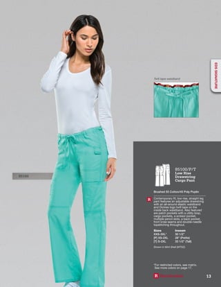 Twill tape waistband
85100
85100/P/T
Low Rise
Drawstring
Cargo Pant
Brushed 55 Cotton/45 Poly Poplin
Contemporary fit, low rise, straight leg
pant features an adjustable drawstring
with an all-around elastic waistband
and Dickies logo twill tape on the
inside back waistband. Also featured
are patch pockets with a utility loop,
cargo pockets, a scissor pocket,
multiple pencil slots, a back pocket,
front knee seams and double-needle
topstitching throughout.
Sizes
XXS-3XL*
[P] XS-2XL
[T] S-2XL
Inseam
30 1/2”
28” (Petite)
33 1/2” (Tall)
Shown in Mint Shell (MTSZ).
R
*For restricted colors, see matrix.
See more colors on page 17.
R Reorderable 13
EDSSIGNATURE
 