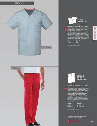 81906
		 MEN’S
DICKIES
DICKIES
81006/T
Zip Fly
Pull-on Pant
Brushed 55 Cotton/45 Poly Poplin
Men’s zip fly pull-on pant features an
all-around elastic waistband with a
button closure, an adjustable interior
drawstring and Dickies logo twill
tape on the inside back waistband.
Also featured are slash pockets,
cargo pockets and a back pocket
with a hook-and-loop fastener for
security, a D-ring on right front belt
loop and double-needle topstitching
throughout.
Sizes
S-5XL
[T] S-3XL
Inseam
31 1/2”
34 1/2” (Tall)
Shown in Red (REWZ).
R
81906
V-Neck Top
Brushed 55 Cotton/45 Poly Poplin
Men’s V-neck top features Dickies
logo twill tape along the back
neckline, a double chest pocket with
self strapping and a D-ring. Also
featured are patch pockets, a Galaxy
Blue stretch knit interior pocket (White
knit pocket on White), a back yoke, a
center back seam and side vents.
Sizes
S-5XL
Length
29”
Shown in Grey (GRWZ).
R
81006
*For restricted colors, see matrix.
See more colors on page 17.
R Reorderable 15
EDSSIGNATURE
 