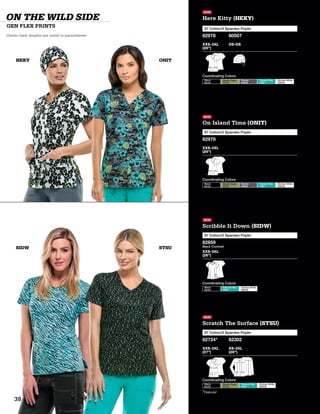 NEW
Scribble It Down (SIDW)
97 Cotton/3 Spandex Poplin
82859
Black Contrast
XXS-3XL
(26”)
Coordinating Colors
Black
BLKZ
Tranquil Bay
TRIZ
Dickies White
DWHZ
NEW
Here Kitty (HEKY)
97 Cotton/3 Spandex Poplin
82978
XXS-3XL
(26”)
80507
OS-OS
Coordinating Colors
Black
BLKZ
Desert Sage
DSGZ
Pewter
PEWZ
Tranquil Bay
TRIZ
Dickies White
DWHZ
NEW
On Island Time (ONIT)
97 Cotton/3 Spandex Poplin
82978
XXS-3XL
(26”)
Coordinating Colors
Black
BLKZ
Desert Sage
DSGZ
Pewter
PEWZ
Tranquil Bay
TRIZ
Dickies White
DWHZ
NEW
Scratch The Surface (STSU)
97 Cotton/3 Spandex Poplin
82724*
XXS-3XL
(27”)
82302
XS-3XL
(28”)
Coordinating Colors
Black
BLKZ
Desert Sage
DSGZ
Tranquil Bay
TRIZ
Dickies White
DWHZ
*Featured
SIDW STSU
GEN FLEX PRINTS
ON THE WILD SIDE
Center back lengths are noted in parentheses.
HEKY ONIT
38
 