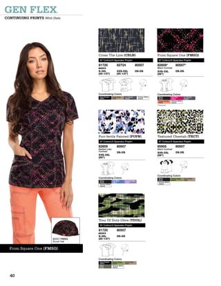 80507 FMSQ
Scrub Hat
From Square One (FMSQ)
GEN FLEX®
CONTINUING PRINTS With Hats
Cross The Line (CRLN)
97 Cotton/3 Spandex Poplin
81720
S-3XL
(29 1/2”)
82724
XXS-5XL
(25 1/2”)
80507
OS-OS
Coordinating Colors
Dark Pewter
DKPZ
Dark Khaki
KHIZ
Lt. Pewter
PEWZ
Dickies White
DWHZ
MEN’S
From Square One (FMSQ)
97 Cotton/3 Spandex Poplin
82859*
Black Contrast
XXS-3XL
(26”)
80507*
OS-OS
Coordinating Colors
Black
BLKZ
Hot Pink
HPKZ
Lt. Pewter
PEWZ
Peach Parfait
PARZ
Dickies White
DWHZ
*Featured
Purr-fectly Painted (PUPN)
97 Cotton/3 Spandex Poplin
82859
Radiant Lilac
Contrast
XXS-3XL
(26”)
80507
OS-OS
Coordinating Colors
Black
BLKZ
Ceil Blue
CBLZ
Radiant Lilac
RADZ
Dickies White
DWHZ
Textured Cheetah (TECT)
97 Cotton/3 Spandex Poplin
85955
Black Contrast
XXS-3XL
(26”)
80507
OS-OS
Coordinating Colors
Black
BLKZ
Desert Sage
DSGZ
Dark Khaki
KHIZ
Dickies White
DWHZ
Tour Of Duty Olive (TDOL)
97 Cotton/3 Spandex Poplin
81720
S-3XL
(29 1/2”)
80507
OS-OS
Coordinating Colors
Dark Pewter
DKPZ
Desert Sage
DSGZ
Dark Khaki
KHIZ
Olive
OLIZ
Dickies White
DWHZ
MEN’S
40
 