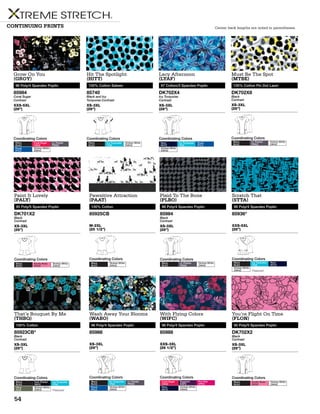 Center back lengths are noted in parentheses.
Grow On You
(GROY)
96 Poly/4 Spandex Poplin
85984
Coral Sugar
Contrast
XXS-5XL
(26”)
Coordinating Colors
Black
BLKZ
Coral Sugar
CSGZ
Lt. Pewter
PEWZ
Royal
RYLZ
Dickies White
DWHZ
Hit The Spotlight
(HITT)
100% Cotton Sateen
85740
Black and Icy
Turquoise Contrast
XS-3XL
(26”)
Coordinating Colors
Black
BLKZ
Icy Turquoise
ITQZ
Dickies White
DWHZ
Lacy Afternoon
(LYAF)
97 Cotton/3 Spandex Poplin
DK702X4
Icy Turquoise
Contrast
XS-3XL
(26”)
Coordinating Colors
Navy
NVYZ
Icy Turquoise
ITQZ
Royal
RYLZ
Dickies White
DWHZ
Must Be The Spot
(MTBE)
100% Cotton Pin Dot Lawn
DK702X8
Black
Contrast
XS-3XL
(26”)
Coordinating Colors
Black
BLKZ
Lt. Pewter
PEWZ
Dickies White
DWHZ
Paint It Lovely
(PALY)
95 Poly/5 Spandex Poplin
DK701X2
Black
Contrast
XS-3XL
(26”)
Coordinating Colors
Black
BLKZ
Exotic Rose
EXOZ
Dickies White
DWHZ
Pawsitive Attraction
(PAAT)
100% Cotton
85925CB
M-2XL
(25 1/2”)
Coordinating Colors
Black
BLKZ
Dickies White
DWHZ
Plaid To The Bone
(PLBO)
96 Poly/4 Spandex Poplin
85984
Black
Contrast
XS-3XL
(26”)
Coordinating Colors
Black
BLKZ
Lt. Pewter
PEWZ
Dickies White
DWHZ
Scratch That
(STTA)
96 Poly/4 Spandex Poplin
85936*
XXS-5XL
(26”)
Coordinating Colors
Black
BLKZ
Icy Turquoise
ITQZ
Navy
NVYZ
Dickies White
DWHZ *Featured
That’s Bouquet By Me
(THBQ)
100% Cotton
85923CB*
Black
Contrast
XS-3XL
(26”)
Coordinating Colors
Black
BLKZ
Dark Pewter
DKPZ
Icy Turquoise
ITQZ
Olive
OLIZ
Dickies White
DWHZ *Featured
Wash Away Your Blooms
(WABO)
96 Poly/4 Spandex Poplin
85988
XS-3XL
(26”)
Coordinating Colors
Black
BLKZ
Icy Turquoise
ITQZ
Lt. Pewter
PEWZ
Royal
RYLZ
Dickies White
DWHZ
With Flying Colors
(WIFC)
96 Poly/4 Spandex Poplin
85988
XXS-3XL
(26 1/2”)
Coordinating Colors
Coral Sugar
CSGZ
Eggplant
EGPZ
Hot Pink
HPKZ
Navy
NVYZ
Dickies White
DWHZ
You’re Flight On Time
(FLON)
95 Poly/5 Spandex Poplin
DK702X2
Black
Contrast
XS-3XL
(26”)
Coordinating Colors
Black
BLKZ
Exotic Rose
EXOZ
Dickies White
DWHZ
CONTINUING PRINTS
54
 