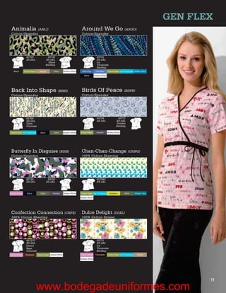 GEN FLEX
 Animalia (ANLI)                                                          Around We Go (ARGO)
 Cotton/Spandex                                                           Cotton/Spandex




                 82729                    82732                                             82732
                 XS-2XL                 XS-2XL                                              XS-2XL
                                          Black                                             Icy
                                        Binding                                             Turquoise
                                                                                            Binding
   Black       Desert Sage     Khaiki         Olive      Dickies White     Blue Fog        Ceil Blue     Desert Sage Icy Turquoise Malibu Blue

                                                                            Navy         Dickies White




 Back Into Shape (BISH)                                                   Birds Of Peace (BDPE)
 Cotton/Spandex                                                           Cotton/Spandex




                 82766                                                                      82724                   82771
                 XS-2XL                                                                     XS-2XL                XS-2XL
                 Olive                                                                                             Pewter
                 Contrast                                                                                         Binding

Desert Sage Icy Turquoise       Navy          Olive      Dickies White   Desert Sage        Pewter       Dickies White




 Butterﬂy In Disguise (BDIS)                                              Chan-Chan-Change (CHNG)
 Cotton/Spandex                                                           100% Cotton Sheeting




                 82724                   84702                                              82754C
                 XS-2XL                 XS-2XL                                              XS-2XL



Candy Orchid      Navy          Olive        Pewter      Dickies White   Desert Sage Icy Turquoise         Keylime       Olive       Dickies Teal
                                                                         Dickies White




 Confection Connection (CNFE)                                             Dulce Delight (DDEL)
 100% Cotton Sheeting                                                     100% Cotton Sateen




                 82727C                                                                     82731
                 XS-2XL                                                                     XS-2XL
                 Desert                                                                     Icy
                 Sage                                                                       Turquoise
                 Contrast                                                                   Binding
Candy Orchid    Chestnut     Desert Sage Dickies White                   Candy Orchid Chocolate          Desert Sage Icy Turquoise     Khaiki
                                                                         Dickies White




                                                                                                                                                           11
                             www.bodegadeuniformes.com
 
