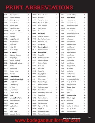 PRINT ABBREVIATIONS
Abbrev.   Print                  Page   Abbrev.   Print                      Page   Abbrev.   Print                    Page

GVIN      Growing Vines          45     MNKY      Monkey Business            71     SBB       Spiral Burst Black       72

GWED      Garden Of Weedin'      44     MRCH      Monarch-y                  12     SGAV      Spring Arrival           25

GWHT      Growing Hearts         28     MUMT      Mums The Word              45     SHDC      Shadow Dance             46

HEFT      Hearts Aflutter        12     NOBO      Notebook Of Love           68     SHNG      Season's Change          37

HGAR      Hearts Garden          70     NTSH      Night Shimmers             28     SMTL      Sentimentally Sweet      39

HGOL      Happy Go Lucky         70     NVV       Navy Vibrance              71     SMWO      Small Wonders            72

HOPG      Hopping Good Time      68     ONEL      One Love                   12     SNFO      Sunshine Floral          46

HOTD      Hot Dog!               70     ONFY      On The Fly                 10     SNMT      Sentimentally Bouquet    46

HTER      Hoot-ers               70     OVRZ      Over The Rainbow           20     SOBU      Social Butterfly         72

IDGA      Indigo Garden          32     OWLY      Owl You Need Is Love       71     SOPE      So Peaceful              72

IDIT      Itsy Ditsy Daisy       35     PAFN      Patchwork Fun              45     SPBO      Spring Blossom           20

INCI      Inner Circle           45     PAPD      Pink & Plaid               71     SPPO      Speckled Posies          28

INGR      Indigo Girl            33     PBUY      Painterly Beauty           38     SRET      Sweet Retreat            20

INJU      In The Jungle          45     PELE      Parisian Elegance          45     STDA      Striped Daisies          12

INMX      In The Mix             18     PENK      Pretty In Ink              32     STSE      Sweet Sensation          28

JBLO      Japanese Blossoms      20     PETK      Peace Talk                 71     STTH      Sweet Things             12

JNIT      Jungle Night           45     PGON      Pebbles Gone Plaid         44     SUGF      Sugarplum Fun            72

KBFY      Knitting Butterflies   26     PIPD      Papillon Paradise          28     SUHN      Sunny Dais-y             46

KICA      Kindness & Caring       9     PIPY      Pretty In Paisley          45     SWC       Sweet Circles            72

KIMI      Kimiko                 20     PJAN      Pearl Jane                 46     TFBU      Tiffany Butterfly        38

KLOV      Knitted Love           28     POF       Pop Floral                 71     TGAR      Tea Garden               46

KNIT      Knitting Pretty        70     PPAC      Posey Pac                  28     TRAN      Transformer              12

KOLC      Kool Cat               70     PPFR      Popping Fresh              72     TURO      True Romance             46

LAEM      Lace Embrace           34     PRIB      Pink Ribbons               71     TXBU      Textured Beauty          40

LBBK      Lace Embrace-Black     34     PRIP      Prism Posies               72     UFGE      Un-frog-ettable Smiles   72

LEAL      Love Is All             9     PROU      Papillon Rouge             12     UZIP      Un-Zip My Heart          38

LIDO      Life As A Dog          71     PTFT      Pattern Of Flight          12     VBOU      Vintage Bouquet          46

LILR      Lil' Ribbit            71     PTSW      Petite And Sweet           20     VGVN      Vintage Vines            36

LOBL      Love In Bloom          28     PVEW      Point Of View              28     VIVE      Vice Versa               38

LOVA      Love In The Air        28     PWPD      Periwinkles & Polka Dots   20     VLTA      Violeta                  35

LOVV      Love                   17     PYPO      Paisley Pop                20     WADY      Whoopsa Daisy            10

LPFT      Line Up The Flights    25     RARB      Raining Ribbons            37     WAED      Water's Edge             69

MCBA      Masquerade Ball        71     RBTZ      Rainbow Butterfly          20     WHOO      Whoo-That!               20

MESP      Make A Splash          12     RDAW      Red Awareness              72     YELO      Yellowstone              12

MHEA      My Blue Heart          71     RDOT      Right On The Dot           33     YHAD      You Had Me At Yellow     12

MIFL      Mi Flor                45     RGON      Ring It On                 46     ZIPA      Zip A De Do Dot          33

MIRI      Mirror Image           37     RHBM      Rhapsody In Bloom          28     ZOOB      Zoom Into Bloom          35

MLUC      My Lucky Charms        71     RNCO      Rainbow Connection         72


                                                                                       New Prints Are In Bold
                                                                                                                              79
                     www.bodegadeuniformes.com
 