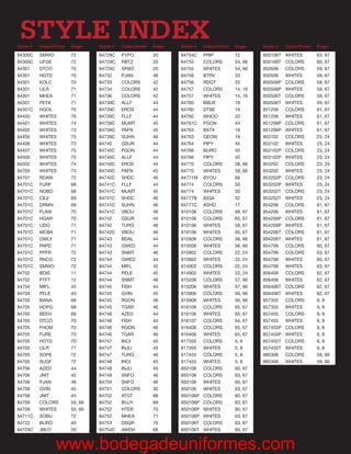 STYLE INDEX
Style #   Color/Print   Page     Style #   Color/Print   Page   Style #   Color/Print   Page     Style #   Color/Print   Page
84300C    SMWO          72       84729C    PYPO          20     84754C    PRIP          72       850106T   WHITES        63, 67
84300C    UFGE          72       84729C    RBTZ          20     84755     COLORS        54, 66   850106T   COLORS        60, 67
84301     DTCO          70       84729C    SPBO          20     84755     WHITES        54, 66   850506    COLORS        59, 67
84301     HOTD          70       84732     PJAN          46     84756     BTRV          33       850506    WHITES        59, 67
84301     KOLC          70       84733     COLORS        42     84756     RDOT          33       850506P   COLORS        59, 67
84301     LILR          71       84734     COLORS        42     84757     COLORS        14, 16   850506P   WHITES        59, 67
84301     MHEA          71       84736     COLORS        42     84757     WHITES        14, 16   850506T   COLORS        59, 67
84301     PETK          71       84739C    ALLF          44     84760     BBUE          19       850506T   WHITES        59, 67
84301C    HGOL          70       84739C    EROS          44     84760     DTBE          19       851206    COLORS        61, 67
84400     WHITES        76       84739C    FLLF          44     84760     WHOO          20       851206    WHITES        61, 67
84401     WHITES        74       84739C    MUMT          45     84761C    PGON          44       851206P   COLORS        61, 67
84402     WHITES        73       84739C    PAFN          45     84763     BXTX          19       851206P   WHITES        61, 67
84405     WHITES        75       84739C    SUHN          46     84763     GEOW          19       853102    COLORS        23, 24
84406     WHITES        73       84740     GSUR          44     84764     PIPY          45       853102    WHITES        23, 24
84407     WHITES        75       84740C    PGON          44     84766     BURO          40       853102P   COLORS        23, 24
84500     WHITES        75       84740C    ALLF          44     84766     PIPY          45       853102P   WHITES        23, 24
84502     WHITES        74       84740C    EROS          44     84770     COLORS        58, 66   853202    COLORS        23, 24
84700     WHITES        73       84740C    PAFN          45     84770     WHITES        58, 66   853202    WHITES        23, 24
84701     RDAW          72       84740C    SHDC          46     84771M    BYOU          68       853202P   COLORS        23, 24
84701C    FURF          68       84741C    FLLF          44     84774     COLORS        50       853202P   WHITES        23, 24
84701C    NOBO          68       84741C    MUMT          45     84774     WHITES        50       853202T   COLORS        23, 24
84701C    CILV          69       84741C    SHDC          46     84777B    IDGA          32       853202T   WHITES        23, 24
84701C    DRMN          69       84741C    SUHN          46     84777C    ASHD          17       854206    COLORS        61, 67
84701C    FLAW          70       84741C    VBOU          46     810106    COLORS        58, 67   854206    WHITES        61, 67
84701C    HGAR          70       84742     GSUR          44     810106    COLORS        65, 67   854206P   COLORS        61, 67
84701C    LIDO          71       84742     TURO          46     810106    WHITES        58, 67   854206P   WHITES        61, 67
84701C    MCBA          71       84742C    VBOU          46     810106    WHITES        65, 67   854206T   COLORS        61, 67
84701C    OWLY          71       84743     BDAL          44     810506    COLORS        56, 66   854206T   WHITES        61, 67
84701C    PAPD          71       84743     GWED          44     810506    WHITES        56, 66   854706    COLORS        60, 67
84701C    PPFR          72       84743     SNMT          46     810902    COLORS        22, 24   854706    COLORS        63, 67
84701C    RNCO          72       84744     GWED          44     810902    WHITES        22, 24   854706    WHITES        60, 67
84701C    SMWO          72       84744     MIFL          45     814902    COLORS        22, 24   854706    WHITES        63, 67
84702     BDIS          11       84744     PELE          45     814902    WHITES        22, 24   856406    COLORS        62, 67
84702     PTFT          12       84744     SNMT          46     815206    COLORS        57, 66   856406    WHITES        62, 67
84704     MIFL          45       84745     FISH          44     815206    WHITES        57, 66   856406T   COLORS        62, 67
84704     PELE          45       84745     GVIN          45     815906    COLORS        56, 66   856406T   WHITES        62, 67
84705     BANA          68       84745     RGON          46     815906    WHITES        56, 66   857355    COLORS        6, 8
84705     HOPG          68       84745     TGAR          46     816106    COLORS        65, 67   857355    WHITES        6, 8
84705     BEEH          69       84746     AZED          44     816106    WHITES        65, 67   857455    COLORS        6, 8
84705     DTCO          70       84746     FISH          44     816107    COLORS        64, 67   857455    WHITES        6, 8
84705     FHOM          70       84746     RGON          46     816406    COLORS        65, 67   857455P   COLORS        6, 8
84705     FURE          70       84746     TGAR          46     816406    WHITES        65, 67   857455P   WHITES        6, 8
84705     HOTD          70       84747     INCI          45     817355    COLORS        5, 8     857455T   COLORS        6, 8
84705     LILR          71       84747     INJU          45     817355    WHITES        5, 8     857455T   WHITES        6, 8
84705     SOPE          72       84747     TURO          46     817455    COLORS        5, 8     885306    COLORS        58, 66
84705     SUGF          72       84748     INCI          45     817455    WHITES        5, 8     885306    WHITES        58, 66
84706     AZED          44       84748     INJU          45     850106    COLORS        60, 67
84706     JNIT          45       84749     SNFO          46     850106    COLORS        63, 67
84706     PJAN          46       84750     SNFO          46     850106    WHITES        60, 67
84708     GVIN          45       84751     COLORS        30     850106    WHITES        63, 67
84708     JNIT          45       84752     ATGT          68     850106P   COLORS        60, 67
84709     COLORS        55, 66   84752     BUJY          69     850106P   COLORS        63, 67
84709     WHITES        55, 66   84752     HTER          70     850106P   WHITES        60, 67
84711C    SOBU          72       84752     MHEA          71     850106P   WHITES        63, 67
84722     BURO          40       84753     DSQR          70     850106T   COLORS        63, 67
84729C    JBLO          20       84754C    AWDH          68     850106T   WHITES        60, 67


                 www.bodegadeuniformes.com
 