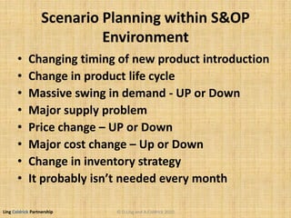 Ling Coldrick Partnership
Scenario Planning within S&OP
Environment
• Changing timing of new product introduction
• Change in product life cycle
• Massive swing in demand - UP or Down
• Major supply problem
• Price change – UP or Down
• Major cost change – Up or Down
• Change in inventory strategy
• It probably isn’t needed every month
© D.Ling and A.Coldrick 2010
 