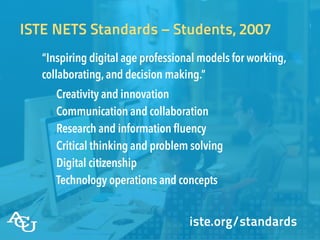 ISTE NETS Standards – Students, 2007
“Inspiring digital age professional models for working,
collaborating,and decision making.”
Creativity and innovation
Communication and collaboration
Research and information fluency
Critical thinking and problem solving
Digital citizenship
Technology operations and concepts
iste.org/standards
 