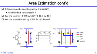 Area Estimation cont'd
❑ Estimate area by counting wiring tracks (WT)
▪ Multiply by 8 to express in l
❑ For the inverter: 2 WT by 5 WT → 16 l by 40 l
❑ For the NAND3: 4 WT by 5 WT → 32 l by 40 l
04: CMOS Layout (1) 15
A
VDD
GND
B C
Y
metal1
poly
ndiff
pdiff
contact
NAND3
c
A
VDD
GND
Y
INV
 