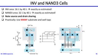 INV and NAND3 Cells
❑ INV area: 16 l by 40 l → exactly as estimated!
❑ NAND3 area: 32 l by 40 l → exactly as estimated!
❑ Note source and drain sharing
❑ Practically: Use MANY substrate and well taps
04: CMOS Layout (1) 16
 