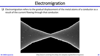 Electromigration
❑ Electromigration refers to the gradual displacement of the metal atoms of a conductor as a
result of the current flowing through that conductor.
04: CMOS Layout (1) 28
[http://eesemi.com/emig.htm] [https://en.wikipedia.org/wiki/Electromigration]
 