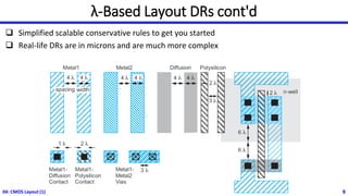 04: CMOS Layout (1) 9
λ-Based Layout DRs cont'd
❑ Simplified scalable conservative rules to get you started
❑ Real-life DRs are in microns and are much more complex
 