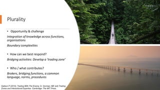 Plurality
• Opportunity & challenge
Integration of knowledge across functions,
organisations
Boundary complexities
• How can we best respond?
Bridging activities: Develop a ‘trading zone’
• Who / what contributes?
Brokers, bridging functions, a common
language, norms, procedures
Galison P (2010), Trading With The Enemy. In: Gorman, ME (ed) Trading
Zones and Interactional Expertise. Cambridge: The MIT Press.
 