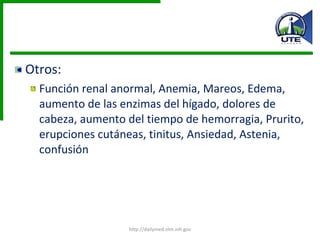 Otros: Función renal anormal, Anemia, Mareos, Edema, aumento de las enzimas del hígado, dolores de cabeza, aumento del tiempo de hemorragia, Prurito, erupciones cutáneas, tinitus, Ansiedad, Astenia, confusión http://dailymed.nlm.nih.gov 
