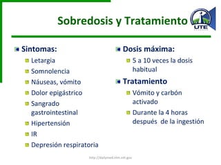 Sobredosis y Tratamiento Sintomas: Letargia Somnolencia Náuseas, vómito Dolor epigástrico Sangrado gastrointestinal Hipertensión IR Depresión respiratoria Dosis máxima: 5 a 10 veces la dosis habitual Tratamiento Vómito y carbón activado Durante la 4 horas después  de la ingestión http://dailymed.nlm.nih.gov 