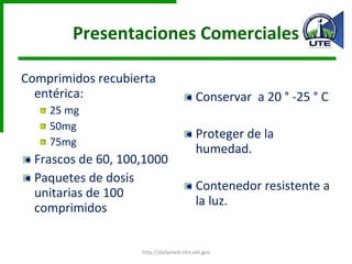 Presentaciones Comerciales Comprimidos recubierta entérica: 25 mg 50mg 75mg Frascos de 60, 100,1000 Paquetes de dosis unitarias de 100 comprimidos Conservar  a 20 ° -25 ° C Proteger de la humedad. Contenedor resistente a la luz. http://dailymed.nlm.nih.gov 