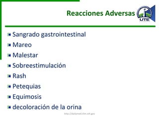 Reacciones Adversas Sangrado gastrointestinal Mareo Malestar Sobreestimulación Rash  Petequias Equimosis decoloración de la orina  http://dailymed.nlm.nih.gov 
