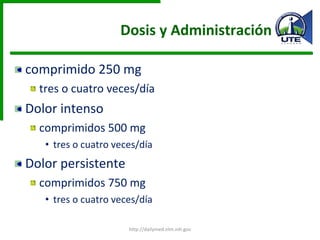 Dosis y Administración comprimido 250 mg tres o cuatro veces/día Dolor intenso comprimidos 500 mg  tres o cuatro veces/día Dolor persistente comprimidos 750 mg  tres o cuatro veces/día http://dailymed.nlm.nih.gov 