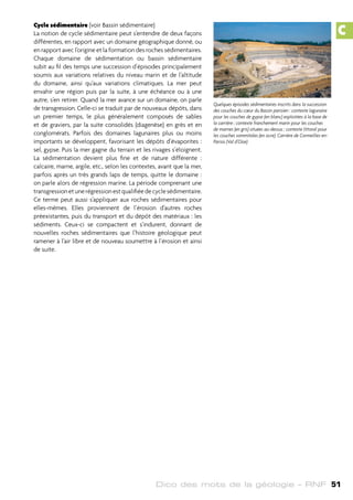 Dico des mots de la géologie – RNF 51
Cycle sédimentaire (voir Bassin sédimentaire)
La notion de cycle sédimentaire peut s’entendre de deux façons
différentes, en rapport avec un domaine géographique donné, ou
en rapport avec l’origine et la formation des roches sédimentaires.
Chaque domaine de sédimentation ou bassin sédimentaire
subit au fil des temps une succession d’épisodes principalement
soumis aux variations relatives du niveau marin et de l’altitude
du domaine, ainsi qu’aux variations climatiques. La mer peut
envahir une région puis par la suite, à une échéance ou à une
autre, s’en retirer. Quand la mer avance sur un domaine, on parle
de transgression. Celle-ci se traduit par de nouveaux dépôts, dans
un premier temps, le plus généralement composés de sables
et de graviers, par la suite consolidés (diagenèse) en grès et en
conglomérats. Parfois des domaines lagunaires plus ou moins
importants se développent, favorisant les dépôts d’évaporites :
sel, gypse. Puis la mer gagne du terrain et les rivages s’éloignent.
La sédimentation devient plus fine et de nature différente :
calcaire, marne, argile, etc., selon les contextes, avant que la mer,
parfois après un très grands laps de temps, quitte le domaine :
on parle alors de régression marine. La période comprenant une
transgressionetunerégressionestqualifiéedecyclesédimentaire.
Ce terme peut aussi s’appliquer aux roches sédimentaires pour
elles-mêmes. Elles proviennent de l’érosion d’autres roches
préexistantes, puis du transport et du dépôt des matériaux : les
sédiments. Ceux-ci se compactent et s’indurent, donnant de
nouvelles roches sédimentaires que l’histoire géologique peut
ramener à l’air libre et de nouveau soumettre à l’érosion et ainsi
de suite.
C
Quelques épisodes sédimentaires inscrits dans la succession
des couches du cœur du Bassin parisien : contexte lagunaire
pour les couches de gypse (en blanc) exploitées à la base de
la carrière ; contexte franchement marin pour les couches
de marnes (en gris) situées au-dessus ; contexte littoral pour
les couches sommitales (en ocre). Carrière de Cormeilles-en-
Parisis (Val d’Oise)
 