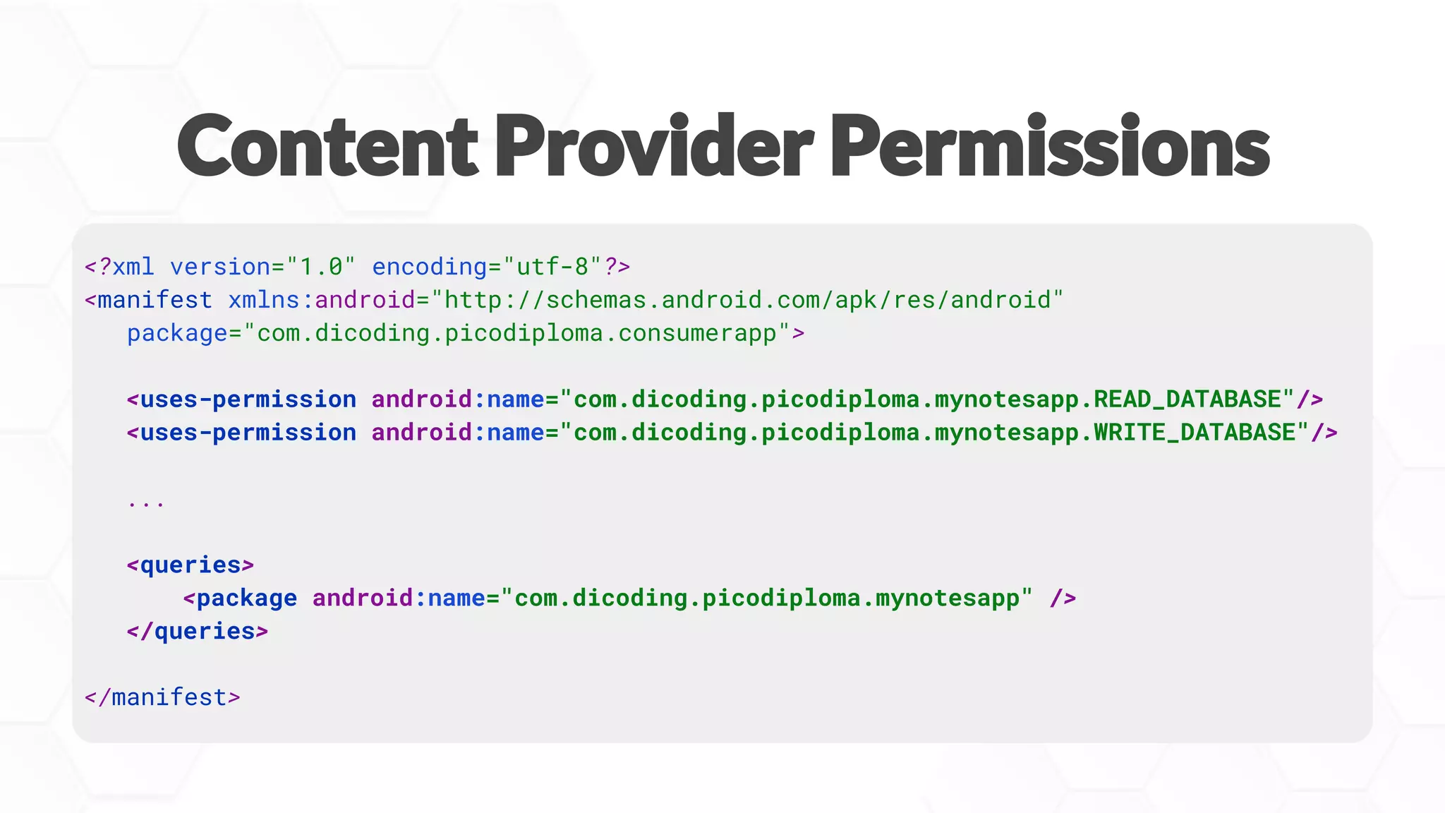 <?xml version="1.0" encoding="utf-8"?>
<manifest xmlns:android="http://schemas.android.com/apk/res/android"
package="com.dicoding.picodiploma.consumerapp">
<uses-permission android:name="com.dicoding.picodiploma.mynotesapp.READ_DATABASE"/>
<uses-permission android:name="com.dicoding.picodiploma.mynotesapp.WRITE_DATABASE"/>
...
<queries>
<package android:name="com.dicoding.picodiploma.mynotesapp" />
</queries>
</manifest>
 