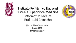 Instituto Politécnico Nacional
Escuela Superior de Medicina
Informática Médica
Prof. Irubi Camacho
Alumna : Maya Ortega Rocio
Grupo 4CM4
IMÁGENES DICOM
 