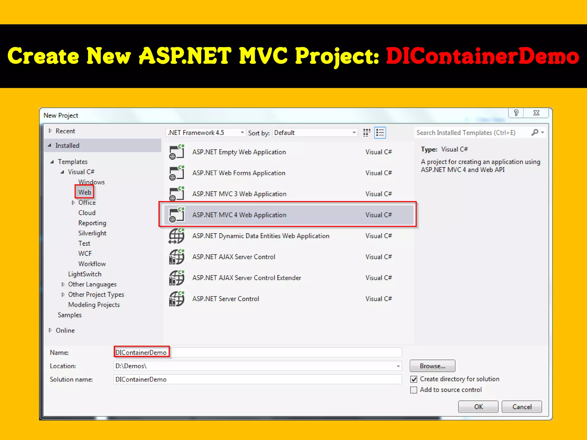 Create New ASP.NET MVC Project: DIContainerDemo

 