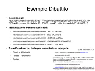 Esempio Dibattito
● Selezione url:
http://documenti.camera.it/leg17/resoconti/commissioni/bollettini/html/2013/0
8/08/48/comunic.htm#data.20130808.com48.bollettino.sede00010.tit00010
● Identificazione Parlamentari citati:
● http://dati.camera.it/ocd/persona.rdf/p305008 - BALDUZZI RENATO
● http://dati.camera.it/ocd/persona.rdf/p35970 – CICU SALVATORE
● http://dati.camera.it/ocd/persona.rdf/p305567 – GIORGIS ANDREA
● http://dati.camera.it/ocd/persona.rdf/p306523 – SANNICANDRO ARCANGELO
● http://dati.camera.it/ocd/persona.rdf/p305614 – TURCO TANCREDI
● Classificazione del testo per associazione categorie:
● Giustizia, Criminalità
● Politica - Parlamento
● Sociale
 