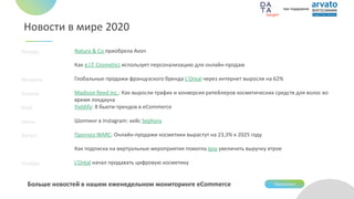 Новости в мире 2020
Больше новостей в нашем еженедельном мониторинге eCommerce Подписаться
Январь Natura & Co приобрела Avon
Как e.l.f. Cosmetics использует персонализацию для онлайн-продаж
Февраль Глобальные продажи французского бренда L'Oreal через интернет выросли на 62%
Апрель Madison Reed Inc.: Как выросли трафик и конверсия ритейлеров косметических средств для волос во
время локдауна
Май Yieldify: 8 бьюти-трендов в eCommerce
Июнь Шоппинг в Instagram: кейс Sephora
Август Прогноз WARC: Онлайн-продажи косметики вырастут на 23,3% к 2025 году
Как подписка на виртуальные мероприятия помогла Ipsy увеличить выручку втрое
Ноябрь L’Oréal начал продавать цифровую косметику
при поддержке
 