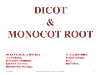 DICOT
&
MONOCOT ROOT
Dr. KUNTAMALLA SUJATHA M. SAI ABHISHEK
Asst Professor, Project Manager,
Sericulture Department, BDL,
Kakatiya University, Hyderabad.
Hanamkonda, Warangal.
3/30/2024 1
Dr. Kuntamalla Sujatha & M. Sai Abhishek
 