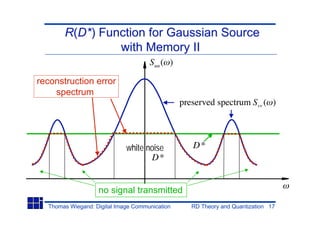 R(D*) Function for Gaussian Source
                with Memory II
                                     Suu ( )

reconstruction error
    spectrum
                                                preserved spectrum Svv ( )



                             white noise           D*
                                    D*


                   no signal transmitted
  Thomas Wiegand: Digital Image Communication      RD Theory and Quantization 17
 