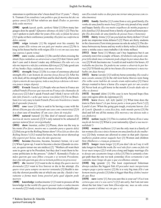 English For Reading

statesman is a politician who’s been dead 10 or 15 years.” –Harry     son (Eu estudo todos os dias para me tornar uma pessoa com co-
S. Truman (Um estadista é um político que já morreu há dez ou         nhecimentos)
quinze anos) [3] All her relatives are dead (Todos os parentes        {409} family /família/ [1] I come from a very good family (Eu
dela estão mortos)                                                    venho de uma família muito boa) [2] I am very proud of my small
{398} speak (speak, spoke, spoken) /falar/ [1] How many lan-          and happy family (Eu sou muito orgulhoso de minha pequena e
guages does he speak? (Quantos idiomas ele fala?) [2] They ha-        feliz família) [3] I descend from a family of good and honest peo-
ven’t spoken to each other for years (Eles não se falam há anos)      ple (Eu descendo de uma família de pessas boas e honestas)
[3] I spoke at their conference yesterday (Eu falei na conferência    {410} thirty /trinta/ [1] Can you lend me thirty dollars? (Você
deles ontem)                                                          pode me emprestar trinta dólares?) [2] There are thirty students
{399} reign /reinado/ [1] He reigned over his country for             in the classroom (Tem trinta pessoas na sala de aula) [3] The dis-
many years (Ele reinou em seu país por muitos anos) [2] He is         tance between my house and my work is thirty miles (A distância
king in his house but his wife reigns (Ele é o rei em sua casa mas    entre a minha casa e meu trabalho é de trinta milhas)
sua esposa é quem reina)                                              {411} hour /hora/ [1] Money can’t buy happiness but it can
{400} care /cuidar, cuidado/ [1] Be careful when crossing the         certainly rent it for a couple of hours. (O dinheiro não pode com-
street (Seja cuidadoso ao atravessar a rua) [2] I don’t know and I    prar felicidade mas certamente pode alugá-la por umas duas ho-
don’t care and it doesn’t make any difference (Eu não sei e eu        ras) [2] Work fascinates me. I could sit and watch it for hours. (O
não me importo e não faz a mínima diferença) [3] Take good care       trabalho me fascina. Eu poderia me sentar o observá-lo por ho-
of my books (Seja cuidadosa com meus livros)                          ras) [3] I’ll finish my job in two hours (Eu terminarei o meu tra-
{401} strength /força/ [1] He is a man of enormous physical           balho em duas horas)
strength (Ele é um homem de enorme força física) [2] After his        {412} horse /cavalo/ [1] I sold my horse yesterday (Eu vendi o
wife died, all his strength left him and he died shortly afterwards   meu cavalo ontem) [2] In the old west horse thieves were hung
(Após a morte de sua esposa, toda a sua força o deixou e ele mor-     (No velho oeste ladrões de cavalo eram enforcados) [3] I have
reu pouco tempo depois)                                               always wanted to have a horse (Eu sempre quis ter um cavalo)
{402} French /francês/ [1] People who are born in France are          [4] Never look at a gift horse in the mouth (Cavalo dado não se
called French (Pessoas que nascem na França são chamadas de           olha os dentes)
franceses) [2] I don’t speak French and I think I never will (Eu      {413} beyond /além/ [1] His case is now beyond hope (Seu
não falo francês e acho que nunca vou falar) [3] For us Brazi-        caso está agora além da esperança) [2]
lians it is very easy to learn French (Para nós brasileiros é muito   {414} leave (leave, left, left) /partir/ [1] What time does the
fácil aprender francês)                                               train to Paris leave? (A que horas parte o trem para Paris?) [2]
{403} case /caso/ [1] She is said to be having a case with the        Lynch’s Law: When the going gets tough, everyone leaves. (Lei
driver (Dizem que ela está tendo um caso com o motorista) [2] It      de Lynch: Quando a coisa fica feia, todo mundo parte) [3] He
is a clear case of treachery (É um caso claro de traição)             died and left me all his money (Ele morreu e me deixou todo o
{404} natural /natural/ [1] She died of natural causes (Ela           seu dinheiro)
morreu de morte natural) [2] It’s only natural to be ashamed (É       {415} nation /nação/ [1] This is a nation of heros (Esta é uma
apenas natural ficar envergonhada)                                    nação de heróis) [2] What is your nationality (Qual a sua nacio-
{405} show /mostrar, exibir/ [1] Please, show me the way to           nalidade?)
his room (Por favor, mostre-me o caminho para o quarto dele)          {416} women /mulheres/ [1] I am the only man in a family of
[2] Did you go to the Rolling Stones show? (Você foi ao show dos      ten women (Eu sou o único homem em uma família de dez mulhe-
Rolling Stones?) [3] I waited for hours, but she never showed up      res) [2] Only women are allowed to enter in that pub (Apenas
(Eu esperei por horas, mas ela não apareceu)                          mulheres podem entrar naquele bar) [3] Women and children
{406} become (become, became, became) /tornar, vir a ser/             first (Mulheres e crianças primeiro)
[1] When I grow up, I want to become a doctor (Quando eu cres-        {417} longer /mais longo/ [1] If you don’t do as I say it will
cer, eu quero tornar-me um médico) [2] “Mothers all want their        take longer to finish the work (Se você não fizer como eu falo irá
sons to grow up to be President, but they don’t want them to be-      levar mais tempo) [2] I wish you a long and happy marriage (Eu
come politicians in the process.” (John F. Kennedy) (Todas as         te desejo um casamento longo e feliz) [3] This is certainly a lon-
mães querem que seus filhos cresçam e se tornem Presidente,           ger path than the one we took yesterday (Este certamente é um
mas elas não querem que eles se tornem políticos no processo)         caminho mais longo do que o que escolhemos ontem)
{407} die /morrer/ [1] I want to die in sleep (Eu quero morrer        {418} big /grande/ [1] The least experienced fisherman
dormindo) [2] I want to live forever or die in the attempt. (Eu       always catches the biggest fish (O pescador mais inexperiente
quero viver para sempre ou morrer tentando) [3] Health is me-         sempre pega o peixe maior) [2] He is a very big man (Ele é um
rely the slowest possible rate at which one can die. (Saúde é me-     homem muito grande) [3] John is bigger than Roy (John é maior
ramente a forma mais lenta possível pela qual alguém pode             do que Roy)
morrer)                                                               {419} sure /certo/ [1] Are you sure this is your car? (Você tem
{408} knowledge /conhecimento/ [1] I want to possess all the          certeza que este é o seu carro?) [2] I am sorry, but I am not sure
knowledge in the world (Eu quero possuir todo o conhecimento          about the last time I saw him (Desculpe-me, mas eu não estou
no mundo) [2] I study every day to become a knowledgeable per-        certo quanto à última vez em que o vi)



© Rubens Queiroz de Almeida                                                                                                           21
queiroz@unicamp.br
 