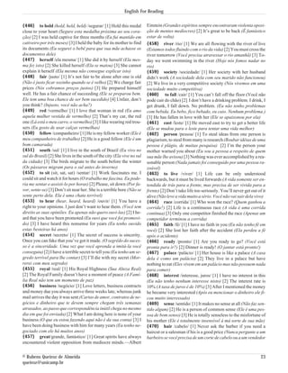 English For Reading


{446} to hold (hold, held, held) /segurar/ [1] Hold this medal           Einstein (Grandes espíritos sempre encontraram violenta oposi-
close to your heart (Segure esta medalha próxima ao seu cora-            ção de mentes medíocres) [2] It’s great to be back (É fantástico
ção) [2] I was held captive for three months (Eu fui mantido em          estar de volta)
cativeiro por três meses) [3] I held the baby for its mother to find     {458} river /rio/ [1] We are all flowing with the river of live
its documents (Eu segurei o bebê para que sua mãe achasse os             (Estamos todos fluindo com o rio da vida) [2] You must cross the
documentos dele)                                                         river tomorrow (Você precisa atravessar o rio amanhã) [3] To-
{447} herself /ela mesma/ [1] She did it by herself (Ela mes-            day we went swimming in the river (Hoje nós fomos nadar no
ma fez isto) [2] She killed herself (Ela se matou) [3] She cannot        rio)
explain it herself (Ela mesma não consegue explicar isto)                {459} society /sociedade/ [1] Her society with her husband
{448} fair /justo/ [1] It’s not fair to be alone after one is old        didn’t work (A sociedade dela com seu marido não funcionou)
(Não é justo ficar sozinho quando se é velho) [2] We charge fair         [2] We live in a very competitive society (Nós vivemos em uma
prices (Nós cobramos preços justos) [3] He prepared himself              sociedade muito competitiva)
well. He has a fair chance of succeeding (Ele se preparou bem.           {460} to fall /cair/ [1] You can’t fall off the floor (Você não
Ele tem uma boa chance de ser bem sucedido) [4] Unfair, don’t            pode cair do chão) [2] I don’t have a drinking problem. I drink, I
you think? (Injusto, você não acha?)                                     get drunk, I fall down. No problem. (Eu não tenho problemas
{449} red /vermelho/ [1] I love that woman in red (Eu amo                com bebida. Eu bebo, fico bebado, eu caio. Nenhum problema.)
aquela mulher vestida de vermelho) [2] That’s my car, the red            [3] He has fallen in love with her (Ele se apaixonou por ela)
one (Lá está o meu carro, o vermelho) [3] I like wearing red trou-       {461} east /leste/ [1] He moved east to try to get a better life
sers (Eu gosto de usar calças vermelhas)                                 (Ele se mudou para o leste para tentar uma vida melhor)
{450} fellow /companheiro/ [1] He is my fellow worker (Ele é             {462} person /pessoa/ [1] To steal ideas from one person is
meu companheiro de trabalho) [2] He is a good fellow (Ele é um           plagiarism; to steal from many is research (Roubar idéias de uma
bom camarada)                                                            pessoa é plágio, de muitas pesquisa) [2] I’m the person your
{451} south /sul/ [1] I live in the south of Brazil (Eu vivo no          mother warned you about (Eu sou a pessoa a respeito de quem
sul do Brasil) [2] She lives in the south of the city (Ela vive no sul   sua mãe lhe avisou) [3] Nothing was ever accomplished by a rea-
da cidade) [3] The birds migrate to the south before the winter          sonable person (Nada jamais foi conseguido por uma pessoa ra-
(Os pássaros migram para o sul antes do inverno)                         zoável)
{452} to sit (sit, sat, sat) /sentar/ [1] Work fascinates me. I          {463} to live /viver/ [1] Life can be only understood
could sit and watch it for hours (O trabalho me fascina. Eu pode-        backwards, but it must be lived forwards (A vida somente ser en-
ria me sentar e assisti-lo por horas) [2] Please, sit down (Por fa-      tendida de trás para a frente, mas precisa de ser vivida para a
vor, sente-se) [3] Don’t sit near her. She is a terrible bore (Não se    frente) [2] Don’t take life too seriously. You’ll never get out of it
sente perto dela. Ela é uma chata terrível)                              alive (Não leve a vida muito a sério. Você não vai sair dela vivo)
{453} to hear (hear, heard, heard) /ouvir/ [1] You have a                {464} race /corrida/ [1] Who won the race? (Quem ganhou a
right to your opinions. I just don’t want to hear them. (Você tem        corrida?) [2] Life is a continuous race (A vida é uma corrida
direito as suas opiniões. Eu apenas não quero ouvi-las) [2] I he-        contínua) [3] Only one competitor finished the race (Apenas um
ard that you have been promoted (Eu ouvi que você foi promovi-           competidor terminou a corrida)
do) [3] I have heard this nonsense for years (Eu tenho ouvido            {465} faith /fé/ [1] I have no faith in you (Eu não tenho fé em
estas besteiras há anos)                                                 você) [2] She lost her faith after the accident (Ela perdeu a fé
{454} secret /secreto/ [1] The secret of success is sincerity.           após o acidente)
Once you can fake that you’ve got it made. (O segrêdo do suces-          {466} ready /pronto/ [1] Are you ready to go? (Você está
so é a sinceridade. Uma vez que você aprenda a imitá-la você             pronta para ir?) [2] Dinner is ready! (O jantar está pronto!)
conseguiu) [2] I have a terrible secret to tell you (Eu tenho um se-     {467} palace /palácio/ [1] Her house is like a palace (A casa
gredo terrível para lhe contar) [3] I’ll die with my secret (Mor-        dela é como um palácio) [2] They live in a palace but have
rerei com meu segredo)                                                   nothing to eat (Eles vivem em um palácio mas não possuem nada
{455} royal /real/ [1] His Royal Highness (Sua Alteza Real)              para comer)
[2] The Royal Family doesn’t have a moment of peace (A Famí-             {468} interest /interesse, juros/ [1] I have no interest in this
lia Real não tem um momento de paz)                                      (Eu não tenho nenhum interesse nisto) [2] The interest rate is
{456} business /negócio/ [1] Love letters, business contracts            10% (A taxa de juros é de 10%) [3] After I mentioned the money
and money due you always arrive three weeks late, whereas junk           he became very interested (Após eu mencionar o dinheiro ele fi-
mail arrives the day it was sent.(Cartas de amor, contratos de ne-       cou muito interessado)
gócios e dinheiro que te devem sempre chegam três semanas                {469} sense /sentido/ [1] It makes no sense at all (Não faz sen-
atrasados, ao passo que correspondência inútil chega no mesmo            tido algum) [2] He is a person of common sense (Ele é uma pes-
dia em que foi enviada) [2] What I am doing here is none of your         soa de bom senso) [3] He is totally senseless to the misfortune of
business (O que eu estou fazendo aqui não é da sua conta) [3] I          his mother (Ele é totalmente insensível à má sorte de sua mãe)
have been doing business with him for many years (Eu tenho ne-           {470} hair /cabelo/ [1] Never ask the barber if you need a
gociado com ele há muitos anos)                                          haircut or a salesman if his is a good price (Nunca pergunte a um
{457} great/grande, fantástico/ [1] Great spirits have always            barbeiro se você precisa de um corte de cabelo ou a um vendedor
encountered violent opposition from mediocre minds.—Albert


© Rubens Queiroz de Almeida                                                                                                                23
queiroz@unicamp.br
 