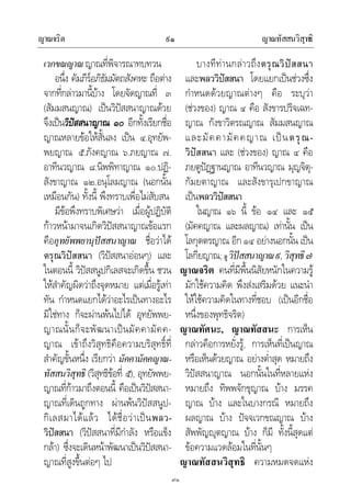 ญาณจริต ญาณทัสสนวิสุทธิ๙๑
๙๑
เวกขณญาณญาณที่พิจารณาทบทวน
อนึ่ง คัมภีรอภิธัมมัตถสังคหะ ถือตาง
จากที่กลาวมานี้บาง โดยจัดญาณที่ ๓
(สัมมสนญาณ) เปนวิปสสนาญาณดวย
จึงเปนวิปสสนาญาณ ๑๐ อีกทั้งเรียกชื่อ
ญาณหลายขอใหสั้นลง เปน ๔.อุทยัพ-
พยญาณ ๕.ภังคญาณ ๖.ภยญาณ ๗.
อาทีนวญาณ ๘.นิพพิทาญาณ ๑๐.ปฏิ-
สังขาญาณ ๑๒.อนุโลมญาณ (นอกนั้น
เหมือนกัน) ทั้งนี้ พึงทราบเพื่อไมสับสน
มีขอพึงทราบพิเศษวา เมื่อผูปฏิบัติ
กาวหนามาจนเกิดวิปสสนาญาณขอแรก
คืออุทยัพพยานุปสสนาญาณ ชื่อวาได
ตรุณวิปสสนา (วิปสสนาออนๆ) และ
ในตอนนี้ วิปสสนูปกิเลสจะเกิดขึ้น ชวน
ใหสําคัญผิดวาถึงจุดหมาย แตเมื่อรูเทา
ทัน กําหนดแยกไดวาอะไรเปนทางอะไร
มิใชทาง ก็จะผานพนไปได อุทยัพพย-
ญาณนั้นก็จะพัฒนาเปนมัคคามัคค-
ญาณ เขาถึงวิสุทธิคือความบริสุทธิ์ที่
สําคัญขั้นหนึ่ง เรียกวา มัคคามัคคญาณ-
ทัสสนวิสุทธิ (วิสุทธิขอที่ ๕), อุทยัพพย-
ญาณที่กาวมาถึงตอนนี้ คือเปนวิปสสนา-
ญาณที่เดินถูกทาง ผานพนวิปสสนูป-
กิเลสมาไดแลว ไดชื่อวาเปนพลว-
วิปสสนา (วิปสสนาที่มีกําลัง หรือแข็ง
กลา) ซึ่งจะเดินหนาพัฒนาเปนวิปสสนา-
ญาณที่สูงขึ้นตอๆ ไป
บางทีทานกลาวถึงตรุณวิปสสนา
และพลววิปสสนา โดยแยกเปนชวงซึ่ง
กําหนดดวยญาณตางๆ คือ ระบุวา
(ชวงของ) ญาณ ๔ คือ สังขารปริจเฉท-
ญาณ กังขาวิตรณญาณ สัมมสนญาณ
และมัคคามัคคญาณ เปนตรุณ-
วิปสสนา และ (ชวงของ) ญาณ ๔ คือ
ภยตูปฏฐานญาณ อาทีนวญาณ มุญจิตุ-
กัมยตาญาณ และสังขารุเปกขาญาณ
เปนพลววิปสสนา
ในญาณ ๑๖ นี้ ขอ ๑๔ และ ๑๕
(มัคคญาณ และผลญาณ) เทานั้น เปน
โลกุตตรญาณ อีก๑๔ อยางนอกนั้น เปน
โลกียญาณ; ดูวิปสสนาญาณ๙,วิสุทธิ๗
ญาณจริต คนที่มีพื้นนิสัยหนักในความรู
มักใชความคิด พึงสงเสริมดวย แนะนํา
ใหใชความคิดในทางที่ชอบ (เปนอีกชื่อ
หนึ่งของพุทธิจริต)
ญาณทัศนะ, ญาณทัสสนะ การเห็น
กลาวคือการหยั่งรู, การเห็นที่เปนญาณ
หรือเห็นดวยญาณ อยางต่ําสุด หมายถึง
วิปสสนาญาณ นอกนั้นในที่หลายแหง
หมายถึง ทิพพจักขุญาณ บาง มรรค
ญาณ บาง และในบางกรณี หมายถึง
ผลญาณ บาง ปจจเวกขณญาณ บาง
สัพพัญุตญาณ บาง ก็มี ทั้งนี้สุดแต
ขอความแวดลอมในที่นั้นๆ
ญาณทัสสนวิสุทธิ ความหมดจดแหง
 