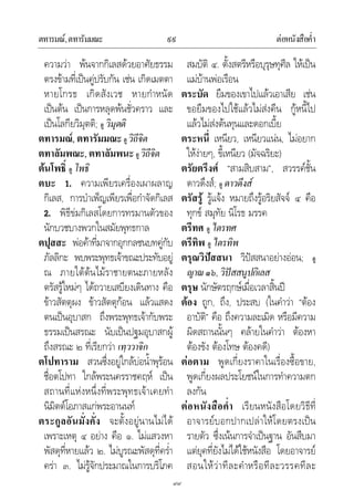 ตทารมณ,ตทารัมมณะ ตอหนังสือค่ํา๙๙
๙๙
ความวา พนจากกิเลสดวยอาศัยธรรม
ตรงขามที่เปนคูปรับกัน เชน เกิดเมตตา
หายโกรธ เกิดสังเวช หายกําหนัด
เปนตน เปนการหลุดพนชั่วคราว และ
เปนโลกียวิมุตติ; ดู วิมุตติ
ตทารมณ, ตทารัมมณะ ดู วิถีจิต
ตทาลัมพณะ, ตทาลัมพนะ ดู วิถีจิต
ตนโพธิ์ ดู โพธิ
ตบะ 1. ความเพียรเครื่องเผาผลาญ
กิเลส, การบําเพ็ญเพียรเพื่อกําจัดกิเลส
2. พิธีขมกิเลสโดยการทรมานตัวของ
นักบวชบางพวกในสมัยพุทธกาล
ตปุสสะ พอคาที่มาจากอุกกลชนบทคูกับ
ภัลลิกะ พบพระพุทธเจาขณะประทับอยู
ณ ภายใตตนไมราชายตนะภายหลัง
ตรัสรูใหมๆ ไดถวายเสบียงเดินทาง คือ
ขาวสัตตุผง ขาวสัตตุกอน แลวแสดง
ตนเปนอุบาสก ถึงพระพุทธเจากับพระ
ธรรมเปนสรณะ นับเปนปฐมอุบาสกผู
ถึงสรณะ ๒ ที่เรียกวา เทฺววาจิก
ตโปทาราม สวนซึ่งอยูใกลบอน้ําพุรอน
ชื่อตโปทา ใกลพระนครราชคฤห เปน
สถานที่แหงหนึ่งที่พระพุทธเจาเคยทํา
นิมิตตโอภาสแกพระอานนท
ตระกูลอันมั่งคั่ง จะตั้งอยูนานไมได
เพราะเหตุ ๔ อยาง คือ ๑. ไมแสวงหา
พัสดุที่หายแลว ๒. ไมบูรณะพัสดุที่คร่ํา
ครา ๓. ไมรูจักประมาณในการบริโภค
สมบัติ ๔. ตั้งสตรีหรือบุรุษทุศีล ใหเปน
แมบานพอเรือน
ตระบัด ยืมของเขาไปแลวเอาเสีย เชน
ขอยืมของไปใชแลวไมสงคืน กูหนี้ไป
แลวไมสงตนทุนและดอกเบี้ย
ตระหนี่ เหนียว, เหนียวแนน, ไมอยาก
ใหงายๆ, ขี้เหนียว (มัจฉริยะ)
ตรัยตรึงศ “สามสิบสาม”, สวรรคชั้น
ดาวดึงส; ดู ดาวดึงส
ตรัสรู รูแจง หมายถึงรูอริยสัจจ ๔ คือ
ทุกข สมุทัย นิโรธ มรรค
ตรีทศ ดู ไตรทศ
ตรีทิพ ดู ไตรทิพ
ตรุณวิปสสนา วิปสสนาอยางออน; ดู
ญาณ๑๖,วิปสสนูปกิเลส
ตรุษ นักษัตรฤกษเมื่อเวลาสิ้นป
ตอง ถูก, ถึง, ประสบ (ในคําวา “ตอง
อาบัติ” คือ ถึงความละเมิด หรือมีความ
ผิดสถานนั้นๆ คลายในคําวา ตองหา
ตองขัง ตองโทษ ตองคดี)
ตอตาม พูดเกี่ยงราคาในเรื่องซื้อขาย,
พูดเกี่ยงผลประโยชนในการทําความตก
ลงกัน
ตอหนังสือค่ํา เรียนหนังสือโดยวิธีที่
อาจารยบอกปากเปลาใหโดยตรงเปน
รายตัว ซึ่งเนนการจําเปนฐาน อันสืบมา
แตยุคที่ยังไมไดใชหนังสือ โดยอาจารย
สอนใหวาทีละคําหรือทีละวรรคทีละ
 