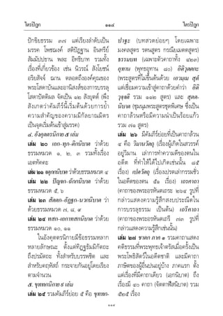 ไตรปฎก ไตรปฎก๑๑๔
๑๑๔
ปกขิยธรรม ๓๗ แตเรียงลําดับเปน
มรรค โพชฌงค สติปฏฐาน อินทรีย
สัมมัปปธาน พละ อิทธิบาท รวมทั้ง
เรื่องที่เกี่ยวของ เชน นิวรณ สังโยชน
อริยสัจจ ฌาน ตลอดถึงองคคุณของ
พระโสดาบันและอานิสงสของการบรรลุ
โสดาปตติผล จัดเปน ๑๒ สังยุตต (พึง
สังเกตวาคัมภีรนี้เริ่มตนดวยการย้ํา
ความสําคัญของความมีกัลยาณมิตร
เปนจุดเริ่มตนเขาสูมรรค)
๔.อังคุตตรนิกาย๕เลม
เลม ๒๐ เอก–ทุก–ติกนิบาต วาดวย
ธรรมหมวด ๑, ๒, ๓ รวมทั้งเรื่อง
เอตทัคคะ
เลม ๒๑จตุกกนิบาตวาดวยธรรมหมวด ๔
เลม ๒๒ ปญจก–ฉักกนิบาต วาดวย
ธรรมหมวด ๕, ๖
เลม ๒๓ สัตตก–อัฏฐก–นวกนิบาต วา
ดวยธรรมหมวด ๗, ๘, ๙
เลม ๒๔ ทสก–เอกาทสกนิบาต วาดวย
ธรรมหมวด ๑๐, ๑๑
ในอังคุตตรนิกายมีขอธรรมหลาก
หลายลักษณะ ตั้งแตทิฏฐธัมมิกัตถะ
ถึงปรมัตถะ ทั้งสําหรับบรรพชิต และ
สําหรับคฤหัสถ กระจายกันอยูโดยเรียง
ตามจํานวน
๕.ขุททกนิกาย๙เลม
เลม ๒๕ รวมคัมภีรยอย ๕ คือ ขุททก-
ปาฐะ (บทสวดยอยๆ โดยเฉพาะ
มงคลสูตร รตนสูตร กรณียเมตตสูตร)
ธรรมบท (เฉพาะตัวคาถาทั้ง ๔๒๓)
อุทาน (พุทธอุทาน ๘๐) อิติวุตตกะ
(พระสูตรที่ไมขึ้นตนดวย เอวมฺเม สุตํ
แตเชื่อมความเขาสูคาถาดวยคําวา อิติ
วุจฺจติ รวม ๑๑๒ สูตร) และ สุตต-
นิบาต (ชุมนุมพระสูตรชุดพิเศษ ซึ่งเปน
คาถาลวนหรือมีความนําเปนรอยแกว
รวม ๗๑ สูตร)
เลม ๒๖ มีคัมภีรยอยที่เปนคาถาลวน
๔ คือ วิมานวัตถุ (เรื่องผูเกิดในสวรรค
อยูวิมาน เลาการทําความดีของตนใน
อดีต ที่ทําใหไดไปเกิดเชนนั้น ๘๕
เรื่อง) เปตวัตถุ (เรื่องเปรตเลากรรมชั่ว
ในอดีตของตน ๕๑ เรื่อง) เถรคาถา
(คาถาของพระอรหันตเถระ ๒๖๔ รูปที่
กลาวแสดงความรูสึกสงบประณีตใน
การบรรลุธรรม เปนตน) เถรีคาถา
(คาถาของพระอรหันตเถรี ๗๓ รูปที่
กลาวแสดงความรูสึกเชนนั้น)
เลม ๒๗ ชาดก ภาค ๑ รวมคาถาแสดง
คติธรรมที่พระพุทธเจาตรัสเมื่อครั้งเปน
พระโพธิสัตวในอดีตชาติ และมีคาถา
ภาษิตของผูอื่นปนอยูบาง ภาคแรก ตั้ง
แตเรื่องที่มีคาถาเดียว (เอกนิบาต) ถึง
เรื่องมี ๔๐ คาถา (จัตตาฬีสนิบาต) รวม
๕๒๕ เรื่อง
 